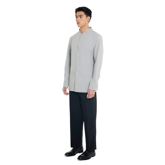 JAN SOBER LIGHT GREY COLLARLESS LONG - SLEEVE SHIRT WITH VISIBLE BUTTONS – SLIM FIT