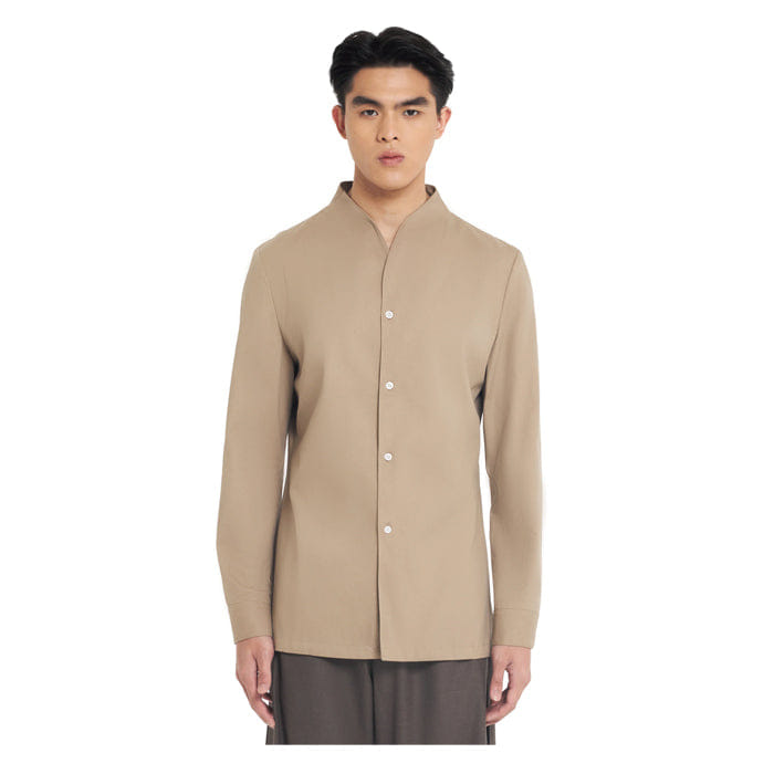 JAN SOBER BEIGE COLLARLESS LONG - SLEEVE SHIRT WITH VISIBLE BUTTONS – SLIM FIT