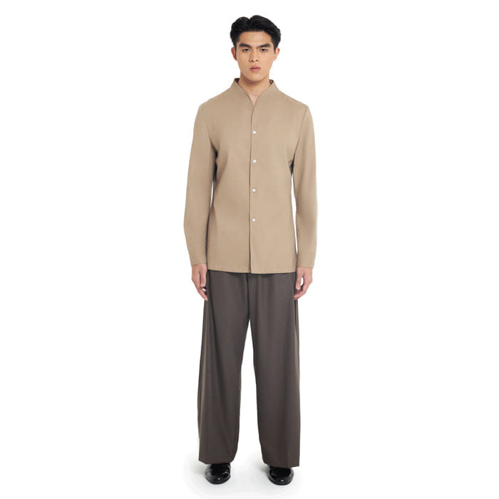 JAN SOBER BEIGE COLLARLESS LONG - SLEEVE SHIRT WITH VISIBLE BUTTONS – SLIM FIT