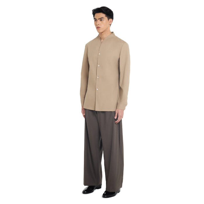 JAN SOBER BEIGE COLLARLESS LONG - SLEEVE SHIRT WITH VISIBLE BUTTONS – SLIM FIT