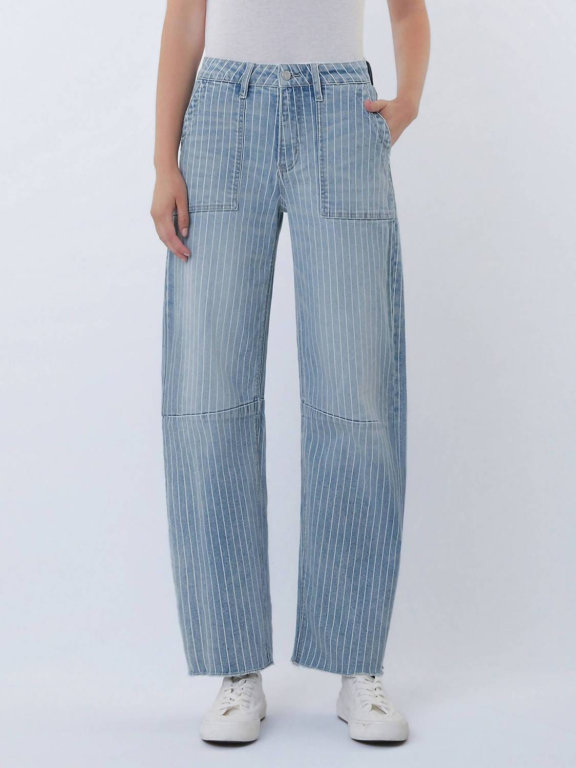 High Rise Raw Hem Crop Barrel Jeans In Stripe
