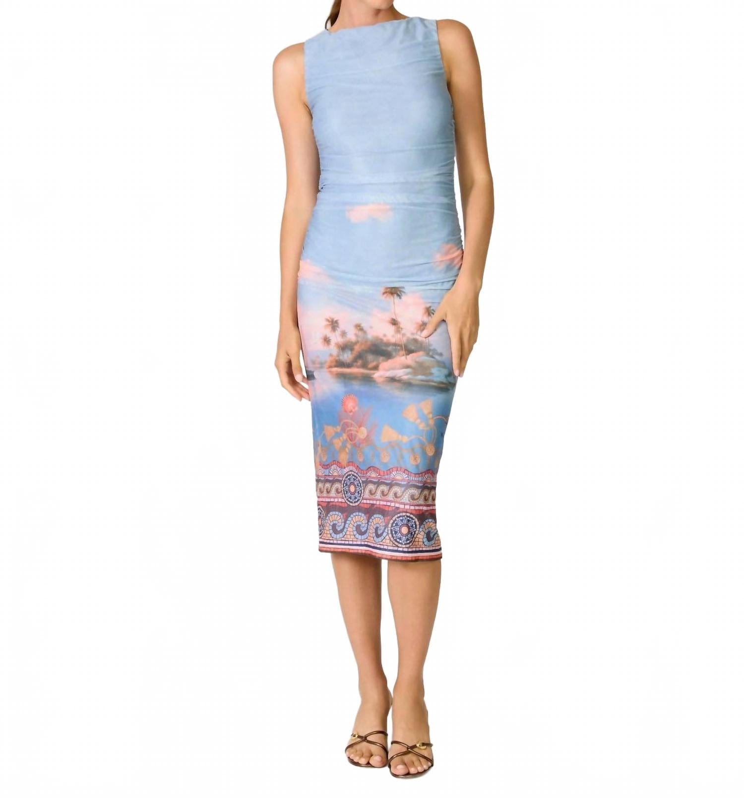 Blue Island Mesh Midi Dress In Blue Multi