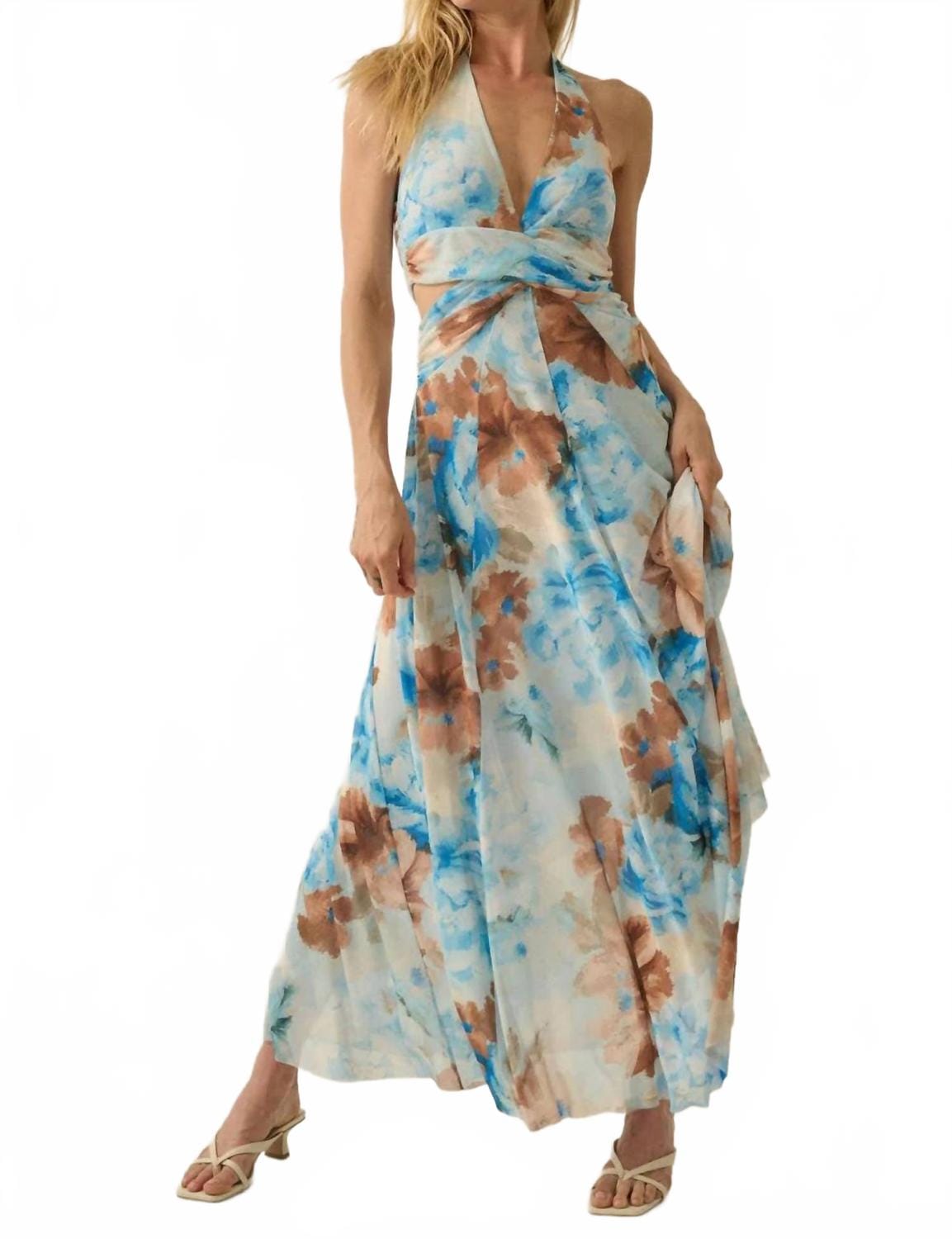 Blue Savannah Floral Halter Maxi Dress In Taupe, Blue