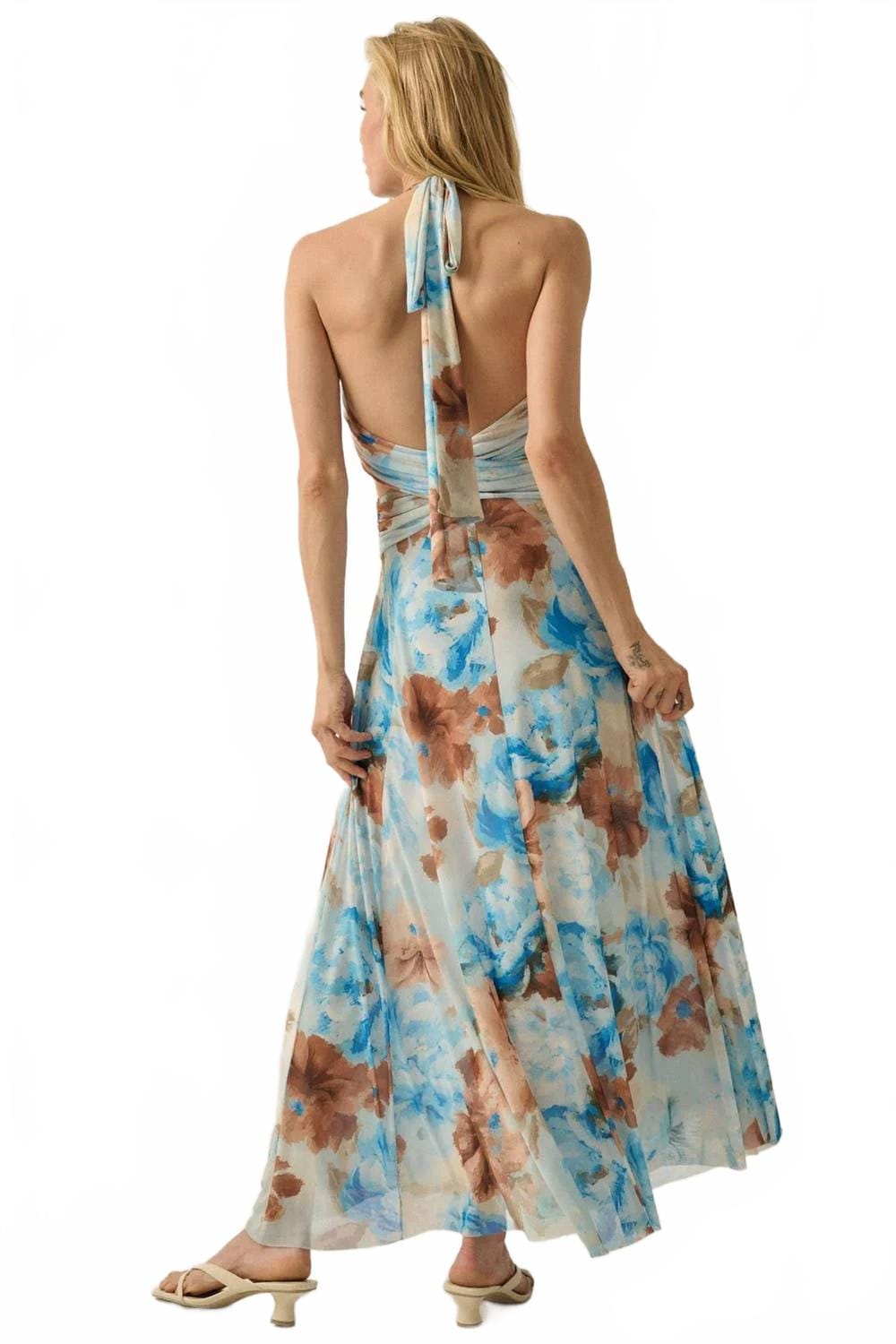 Blue Savannah Floral Halter Maxi Dress In Taupe, Blue