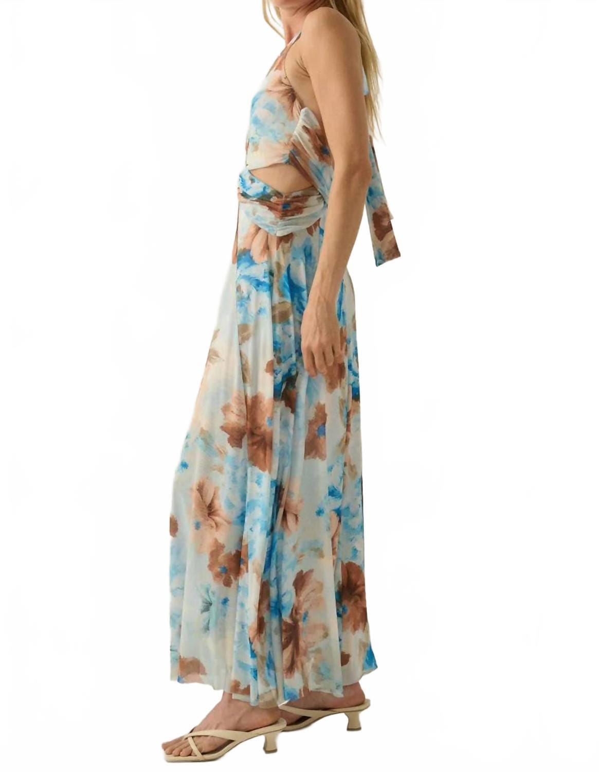 Blue Savannah Floral Halter Maxi Dress In Taupe, Blue