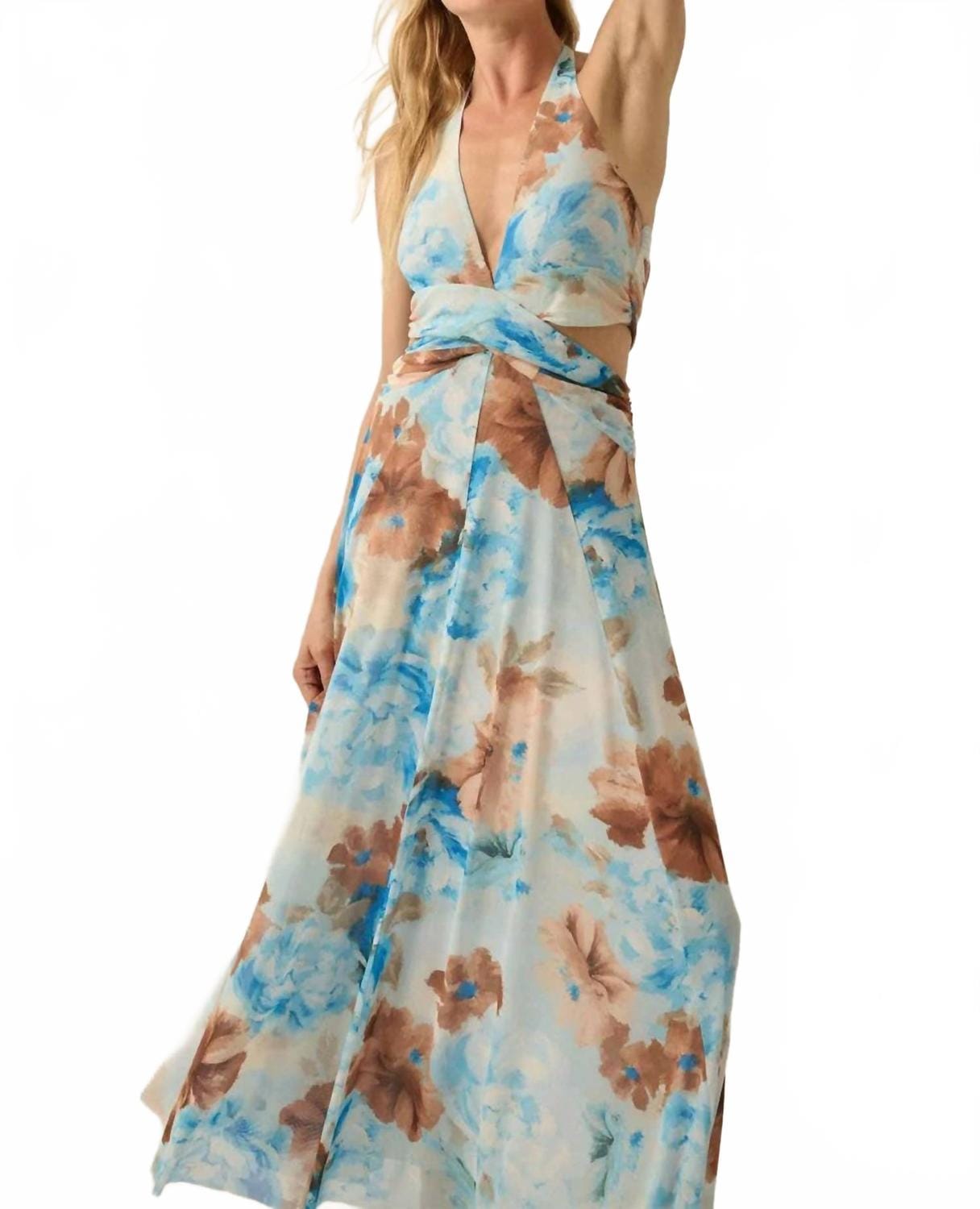 Blue Savannah Floral Halter Maxi Dress In Taupe, Blue