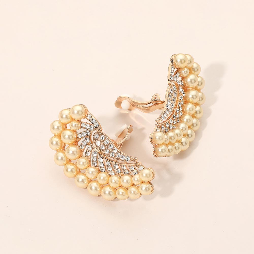 Pearl Beaded Pearl Trim Rhinestone Embellished Fan Clip On Statement Earrings