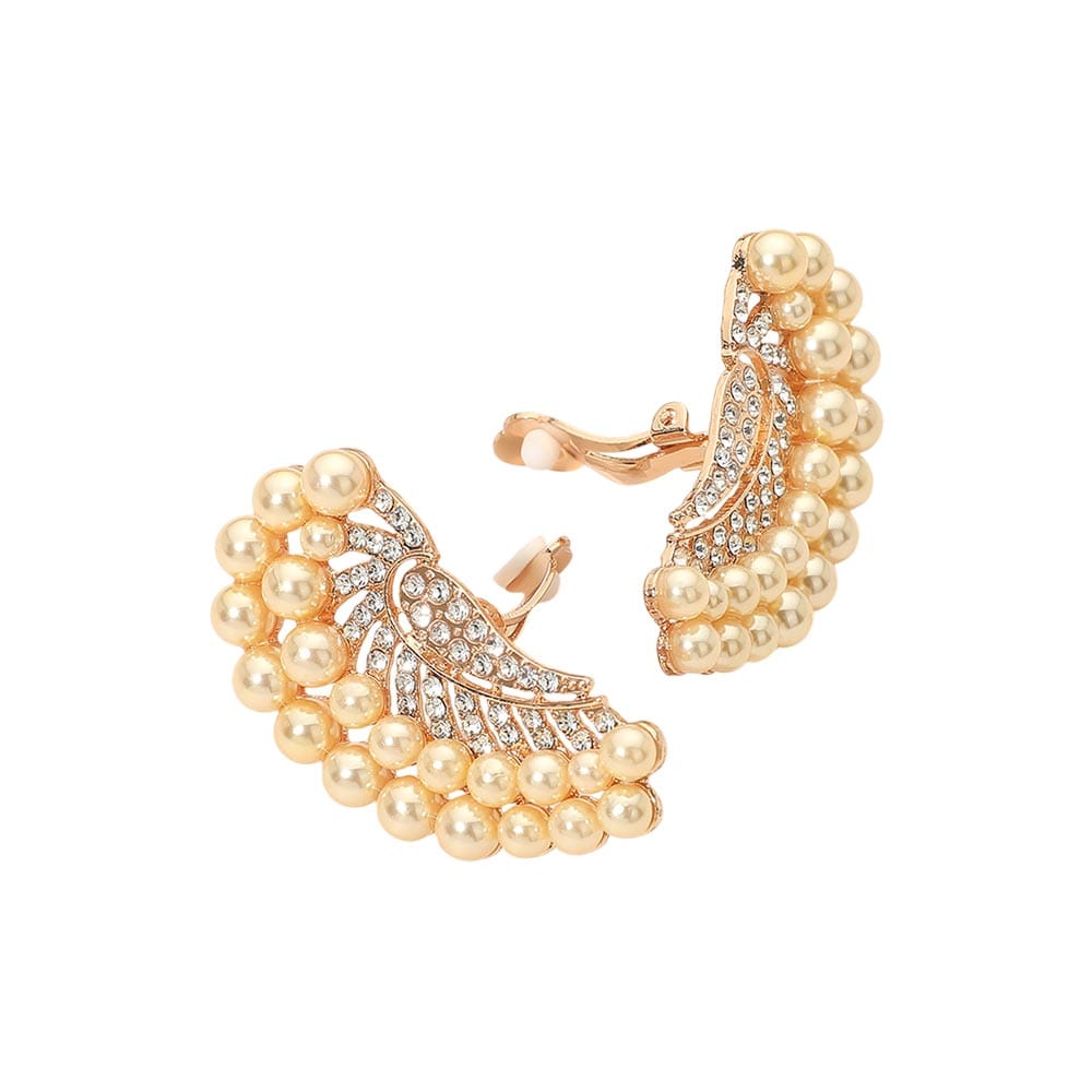 Pearl Beaded Pearl Trim Rhinestone Embellished Fan Clip On Statement Earrings
