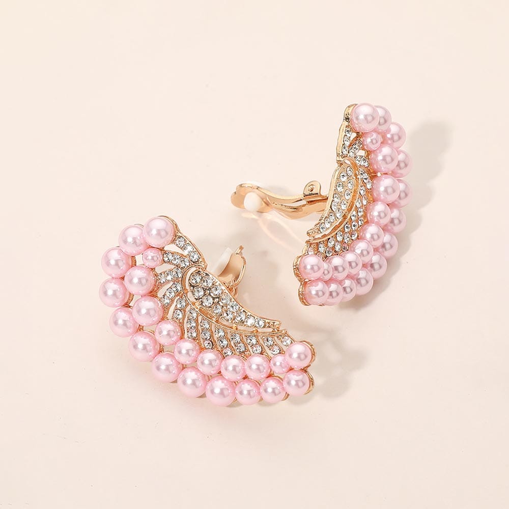 Pearl Beaded Pearl Trim Rhinestone Embellished Fan Clip On Statement Earrings