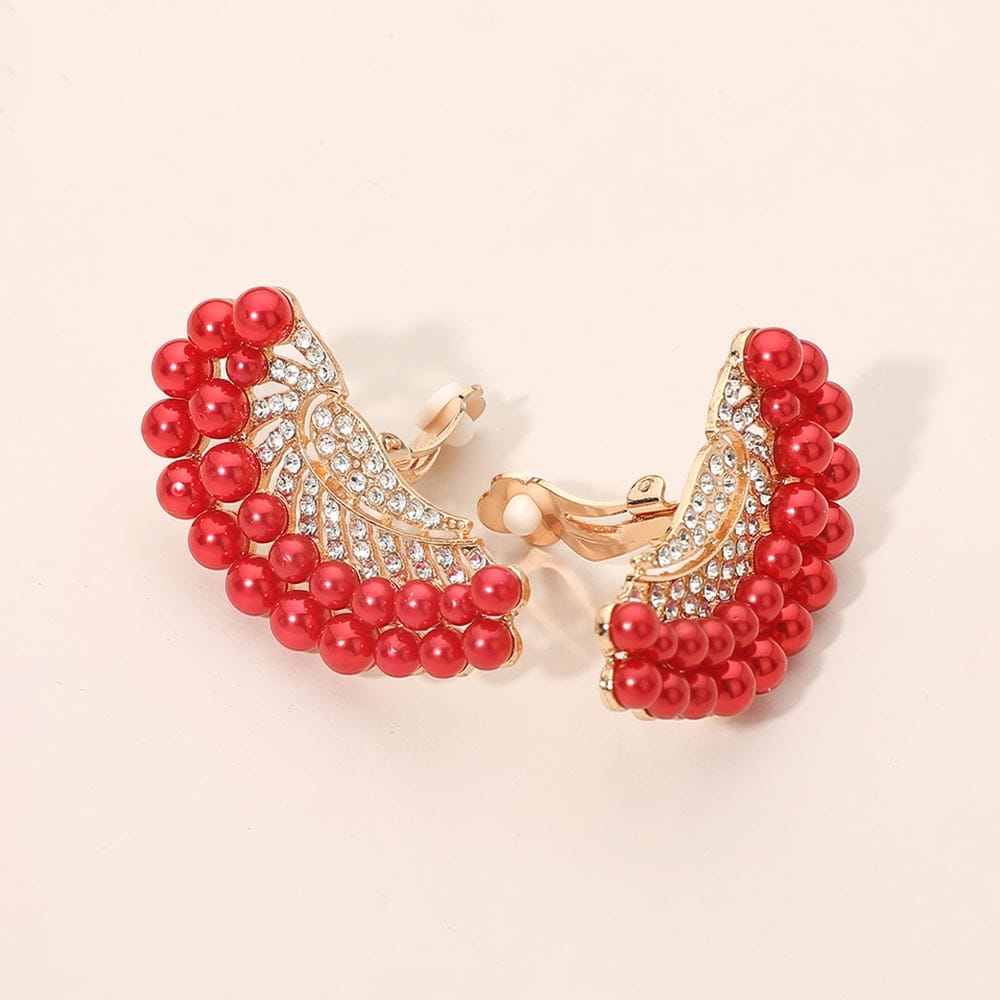 Pearl Beaded Pearl Trim Rhinestone Embellished Fan Clip On Statement Earrings