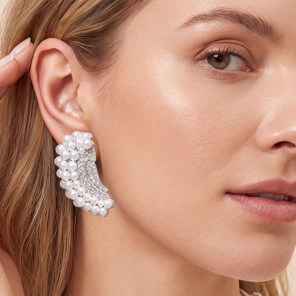 Pearl Beaded Pearl Trim Rhinestone Embellished Fan Clip On Statement Earrings