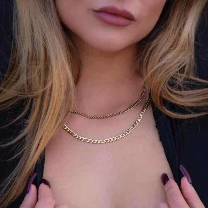 GLD Women 3 mm Micro Cuban + 4 mm Figaro Necklace Bundle