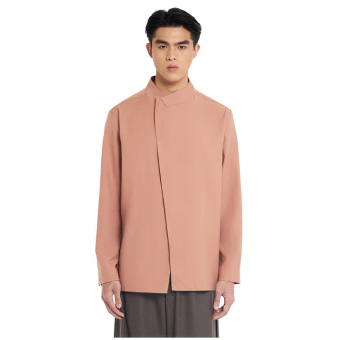 JAN SOBER SALMON COLLARLESS OVERLAP LAPEL LONG SLEEVES SHIRT