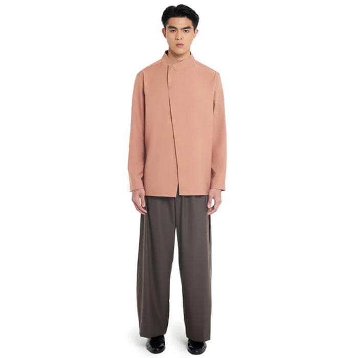 JAN SOBER SALMON COLLARLESS OVERLAP LAPEL LONG SLEEVES SHIRT