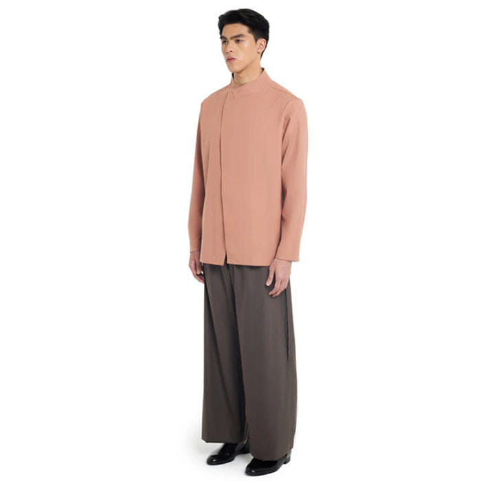 JAN SOBER SALMON COLLARLESS OVERLAP LAPEL LONG SLEEVES SHIRT