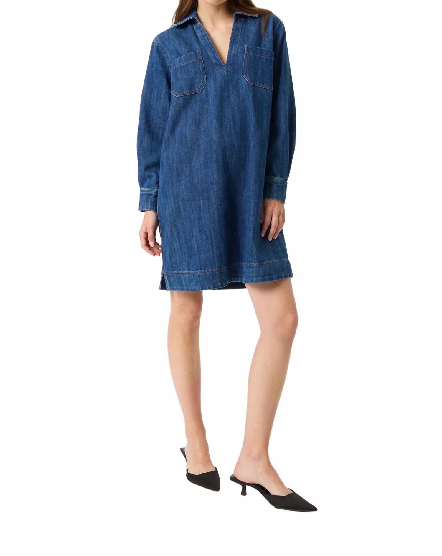 Blue Zianna Long Sleeve Collar Dress In Medium Blue Denim