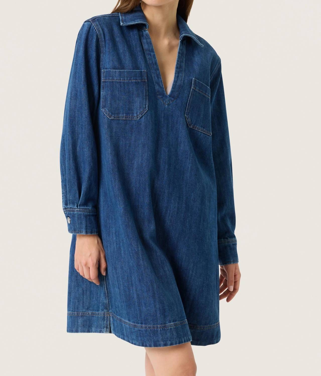 Blue Zianna Long Sleeve Collar Dress In Medium Blue Denim