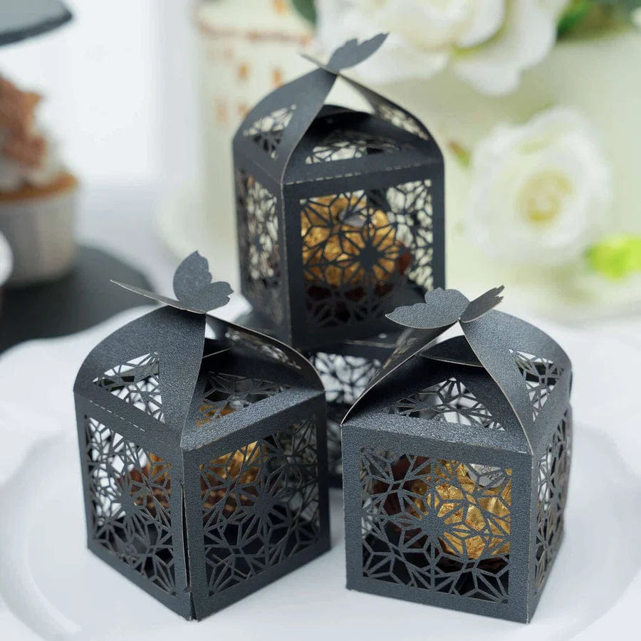 BUTTERFLY 25 Pack Black Butterfly Top Laser Cut Lace Favor Candy Gift Boxes