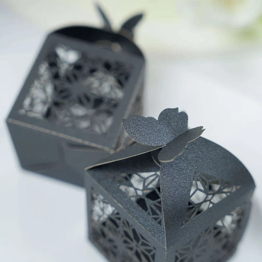 BUTTERFLY 25 Pack Black Butterfly Top Laser Cut Lace Favor Candy Gift Boxes