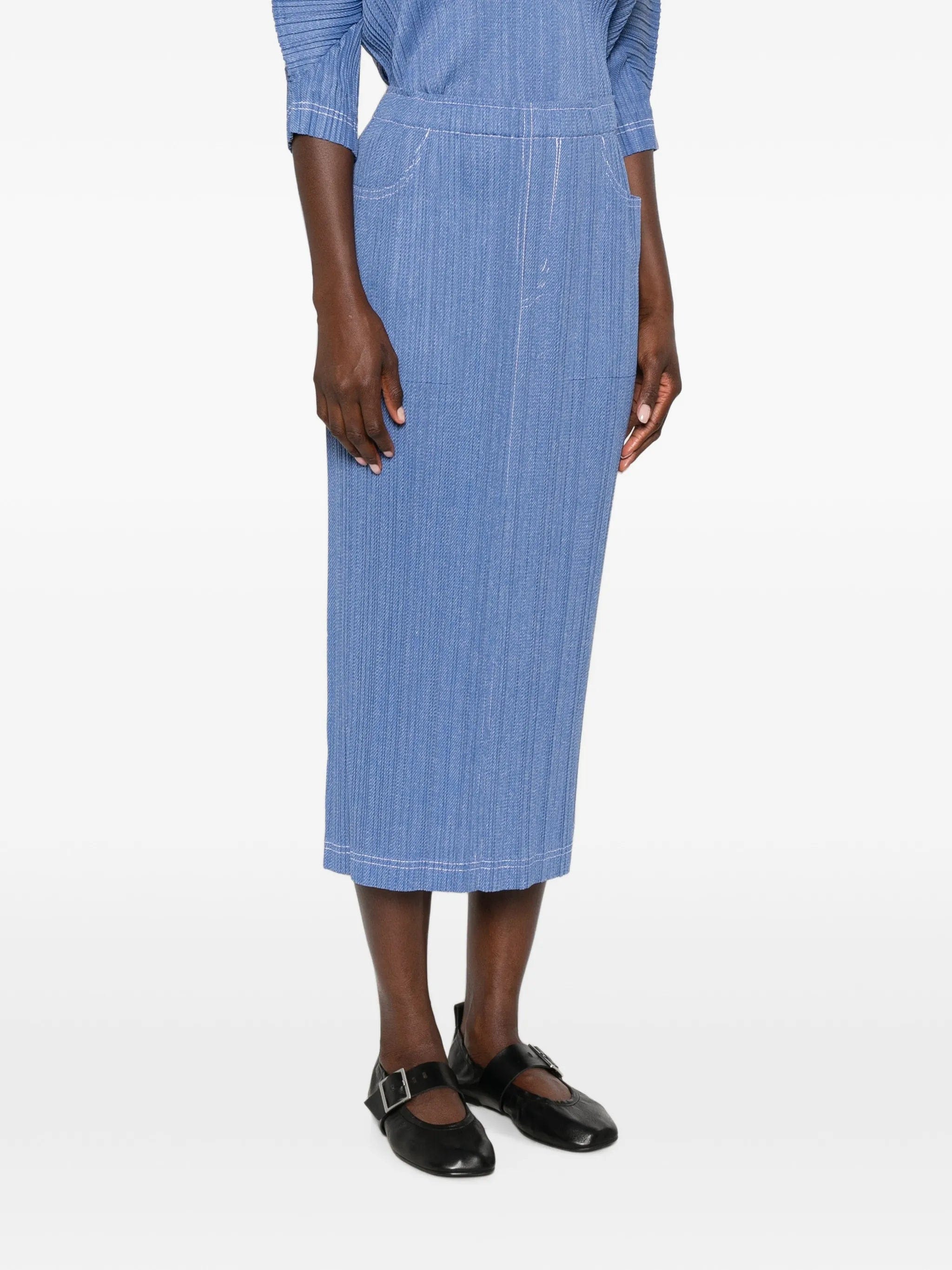 Pleats Please Issey Miyake pleated denim midi skirt