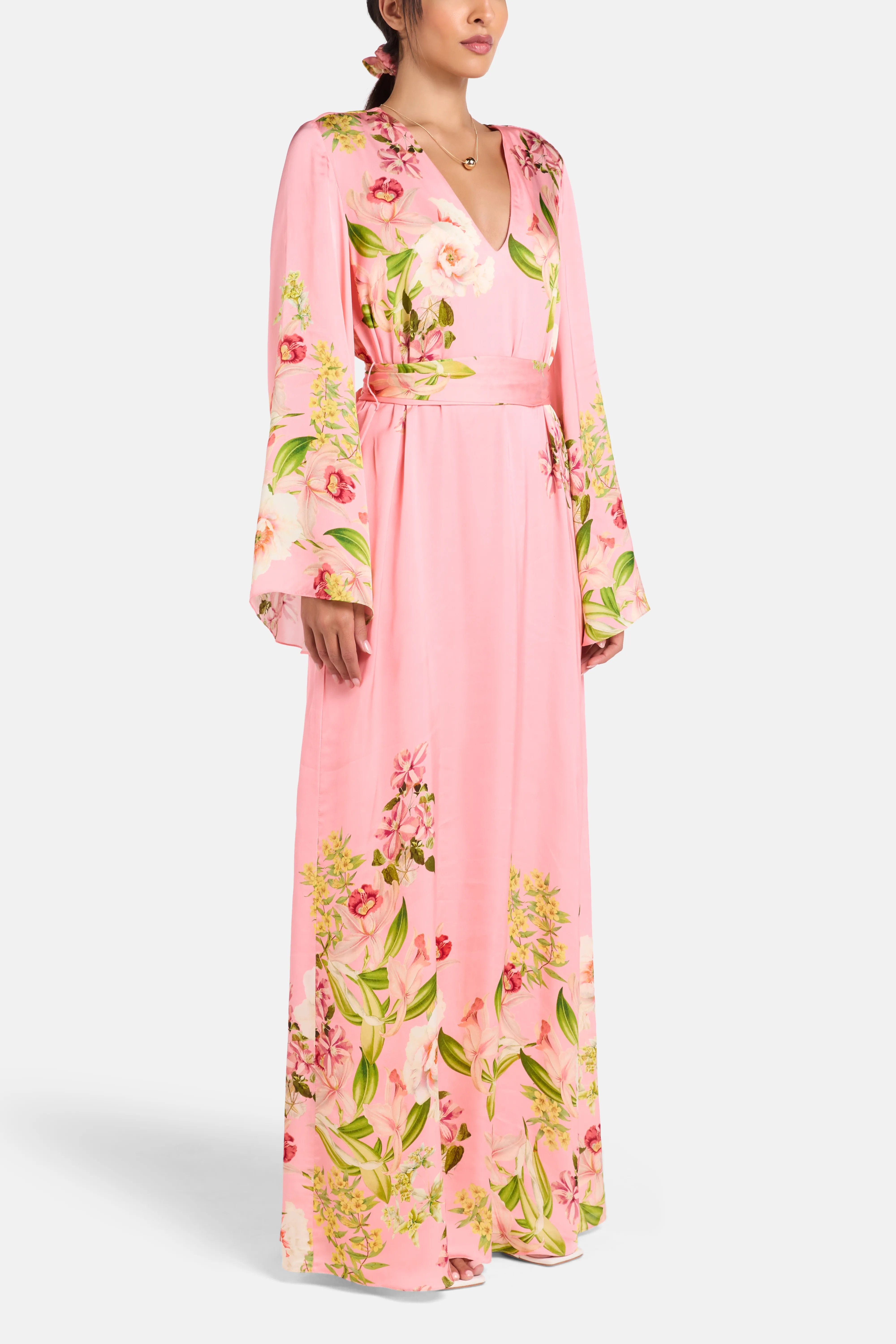 Hemant & Nandita Floral Belted Maxi Kaftan in Pink