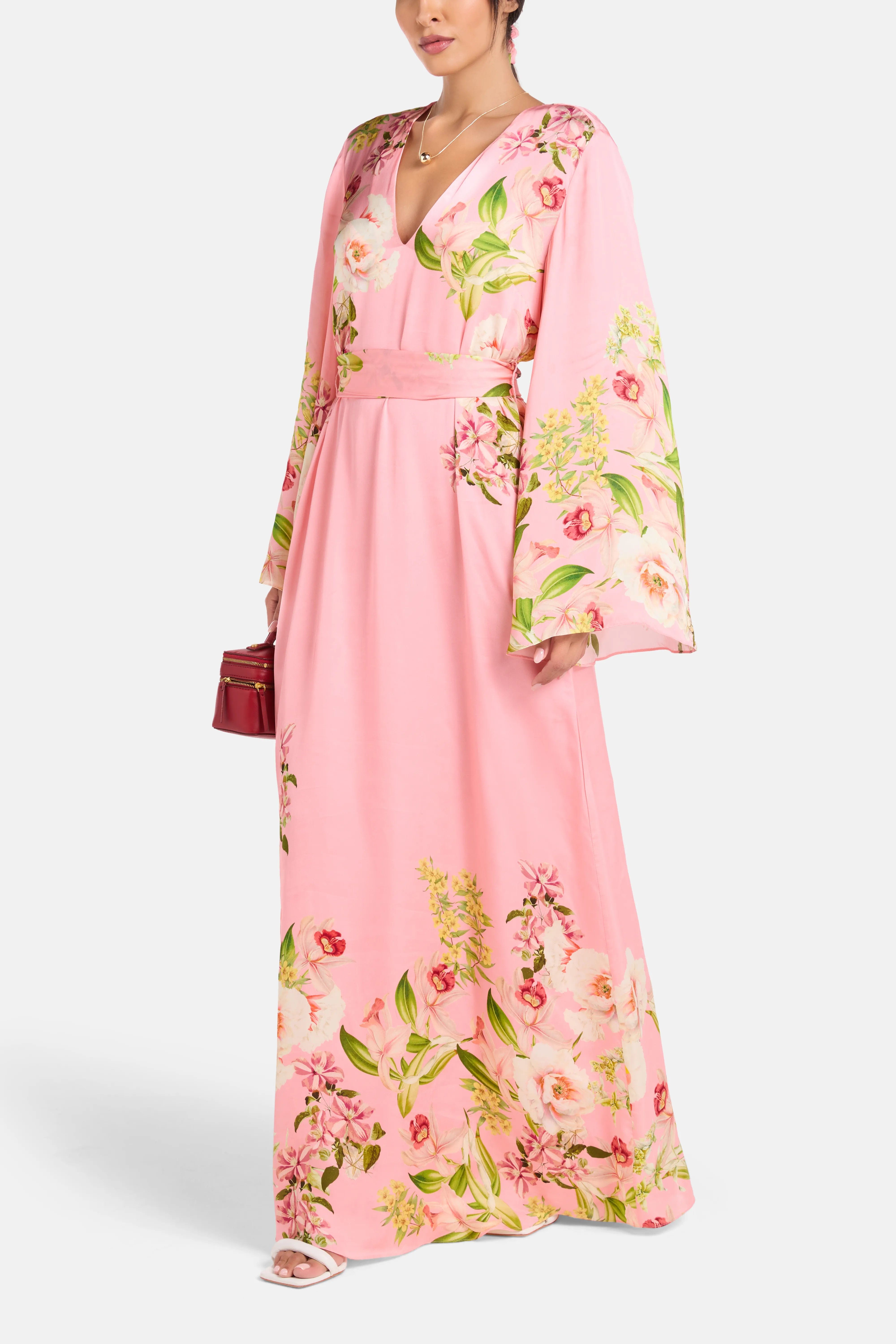 Hemant & Nandita Floral Belted Maxi Kaftan in Pink