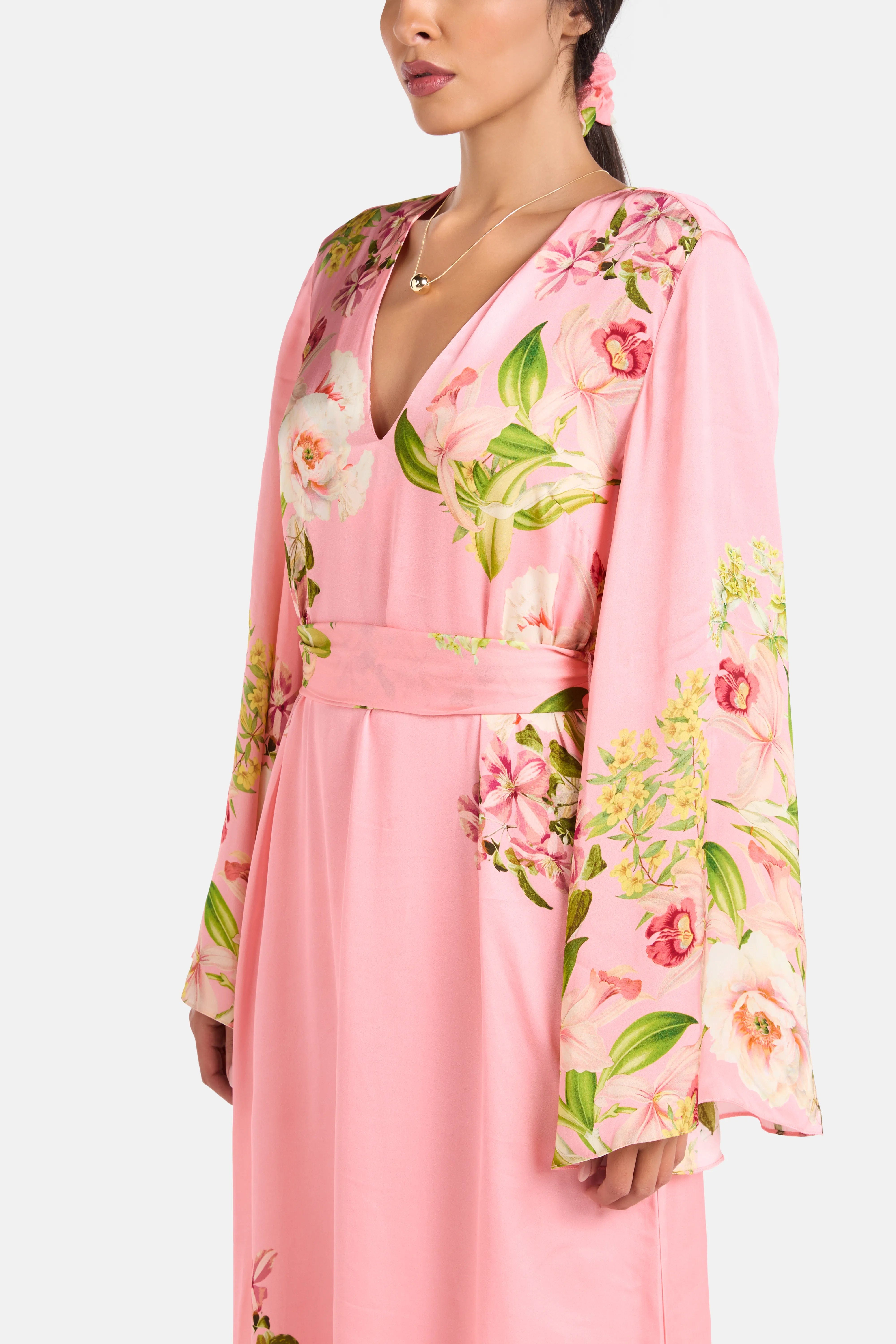 Hemant & Nandita Floral Belted Maxi Kaftan in Pink