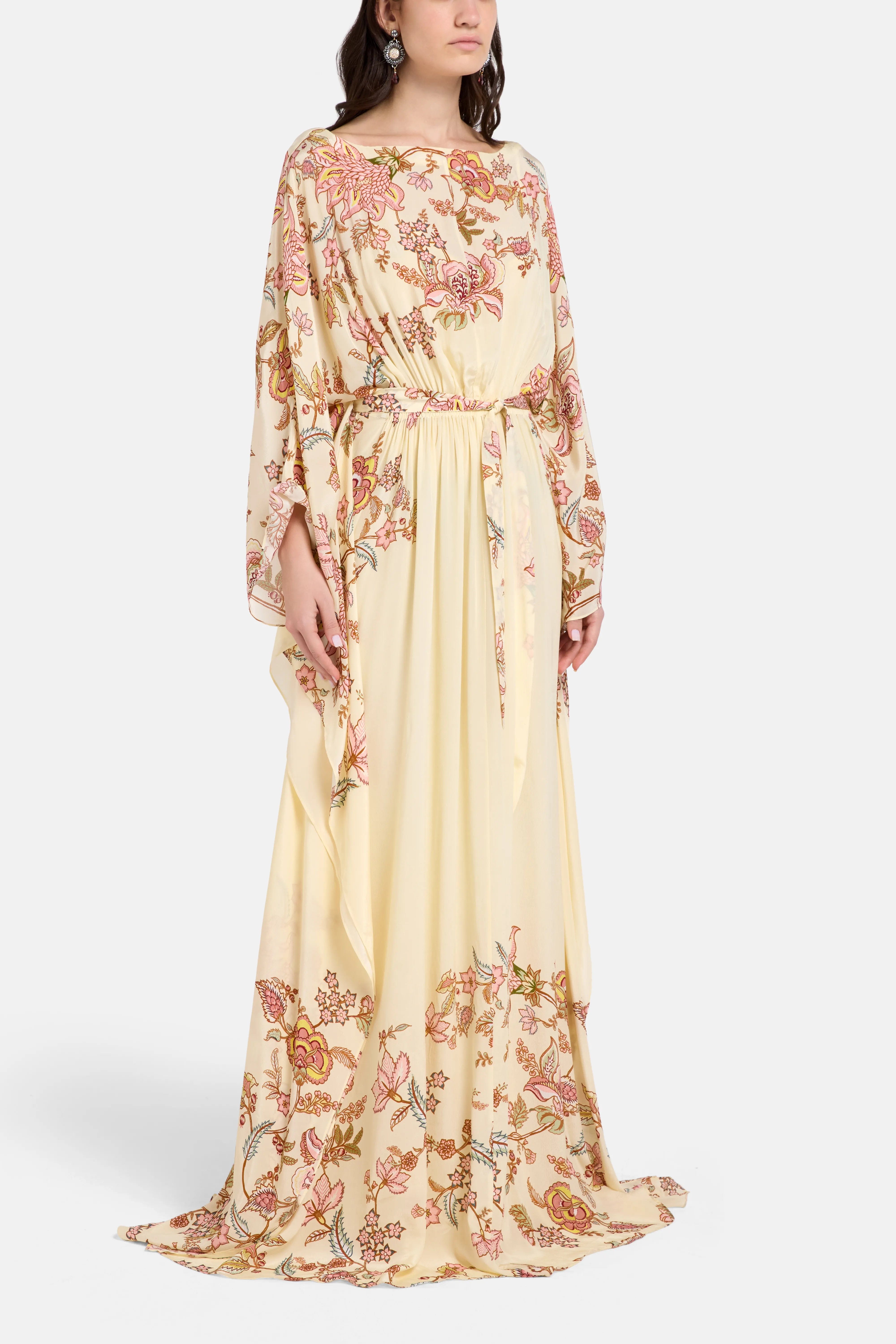 Hemant & Nandita Riah Boat Neck Floral Kaftan in Cream