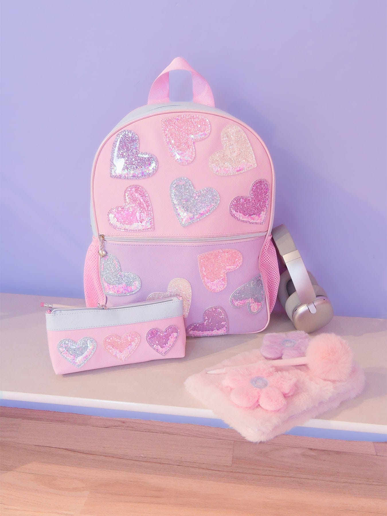 OMG Accessories Kids' Heart Glitters Large Backpack and Pencil Case Multi