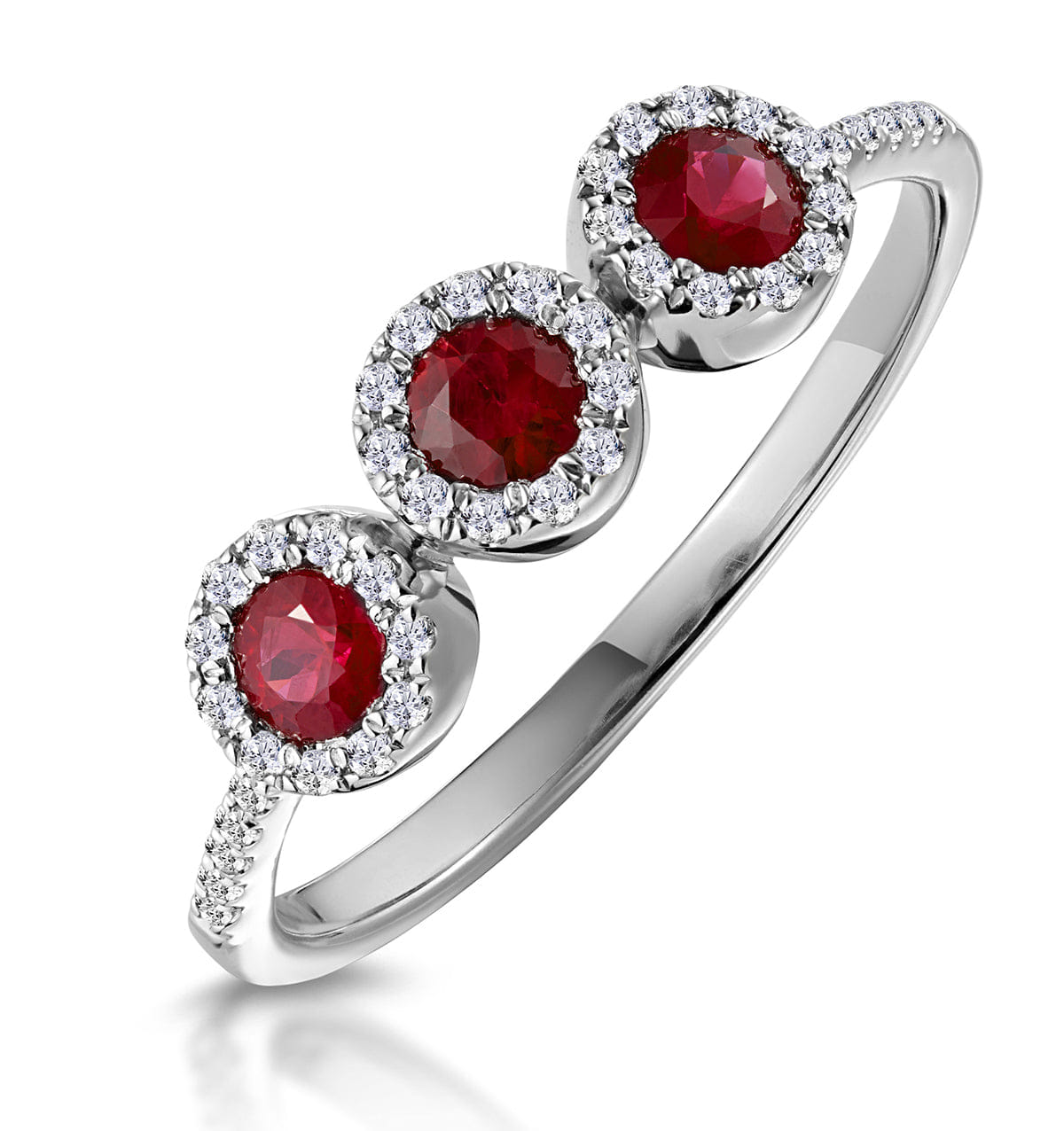 Diamond Ruby and Lab Diamond Halo Trilogy Ring 9K White Gold - Asteria
