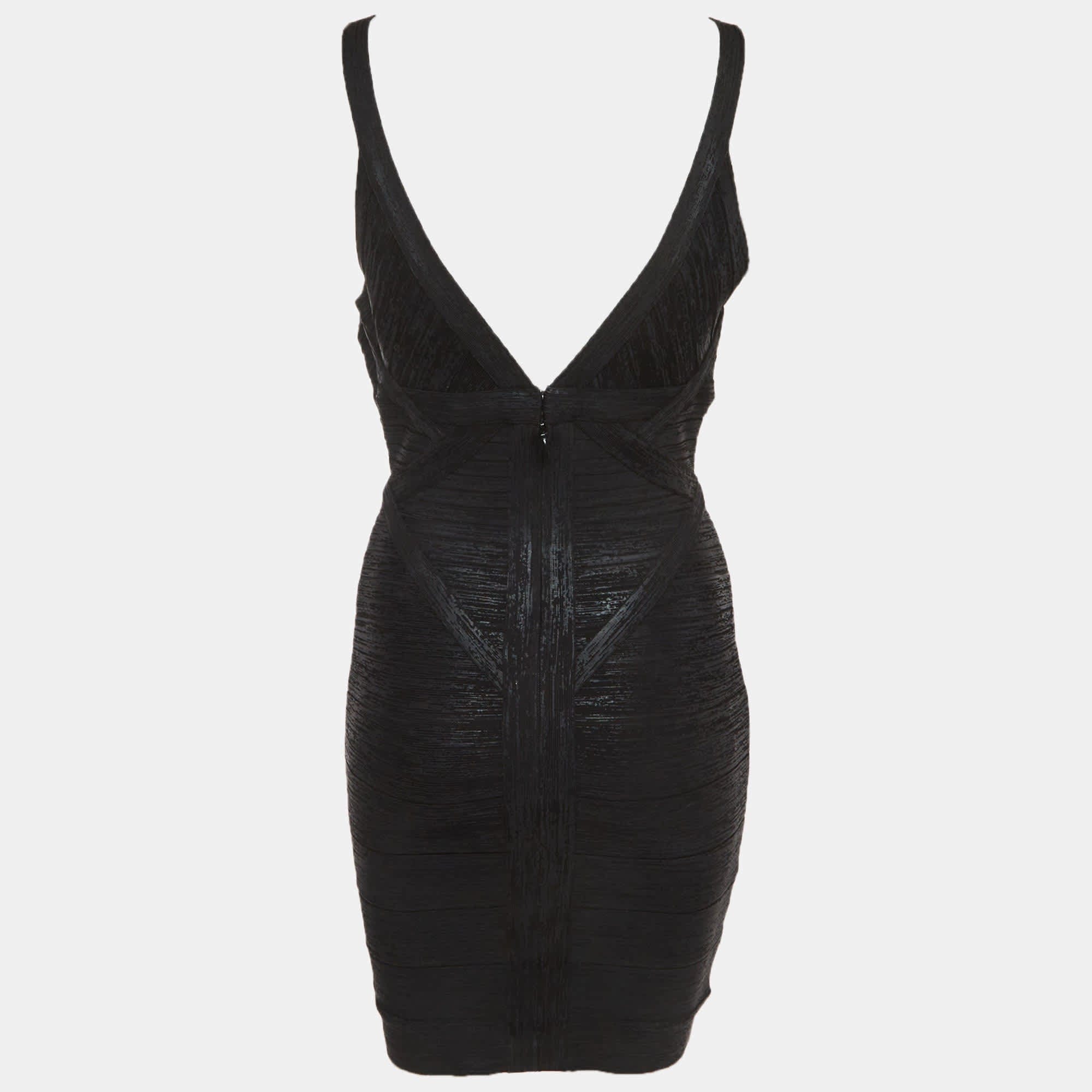 Herve Leger Black Knit Bandage Zip Up Mini Dress