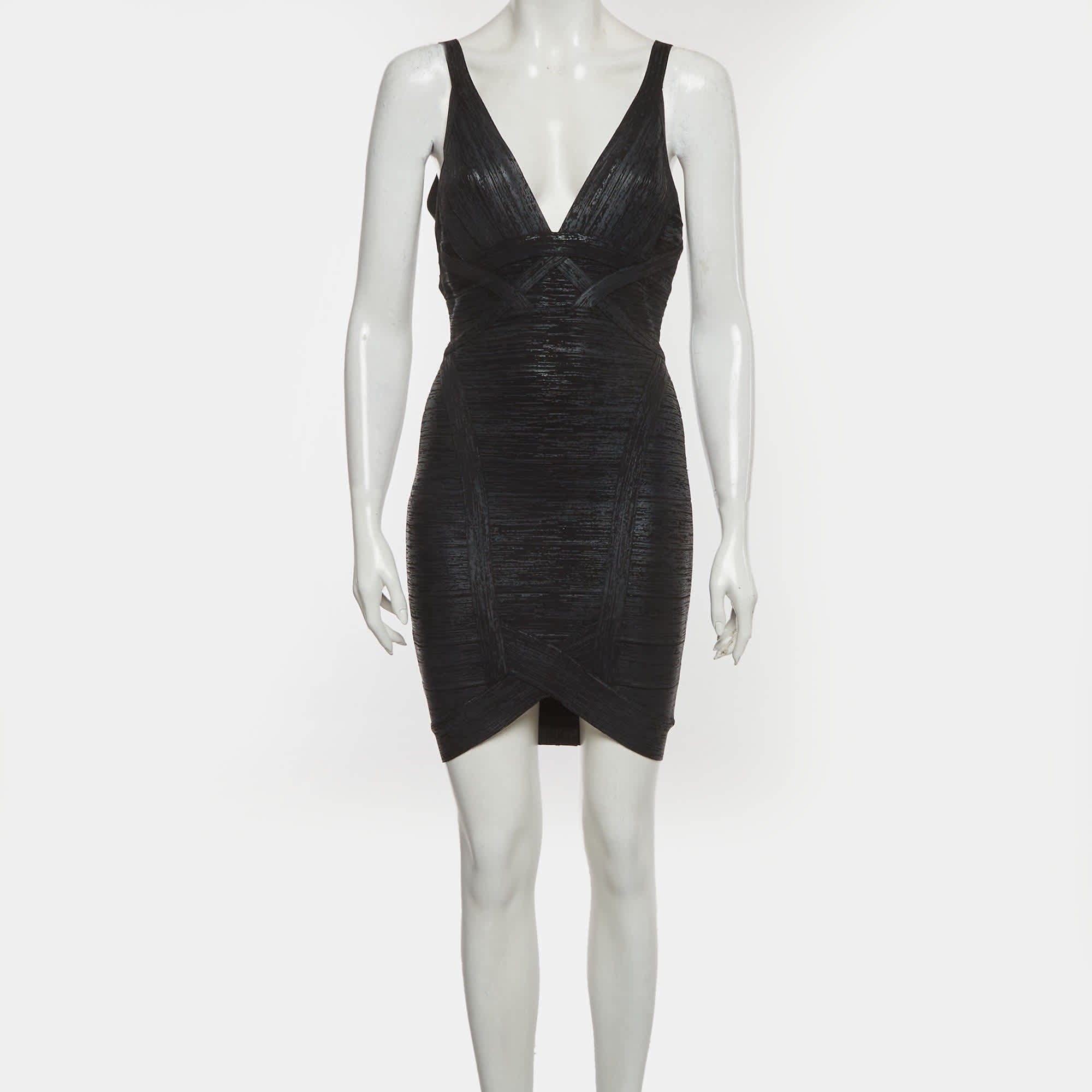 Herve Leger Black Knit Bandage Zip Up Mini Dress