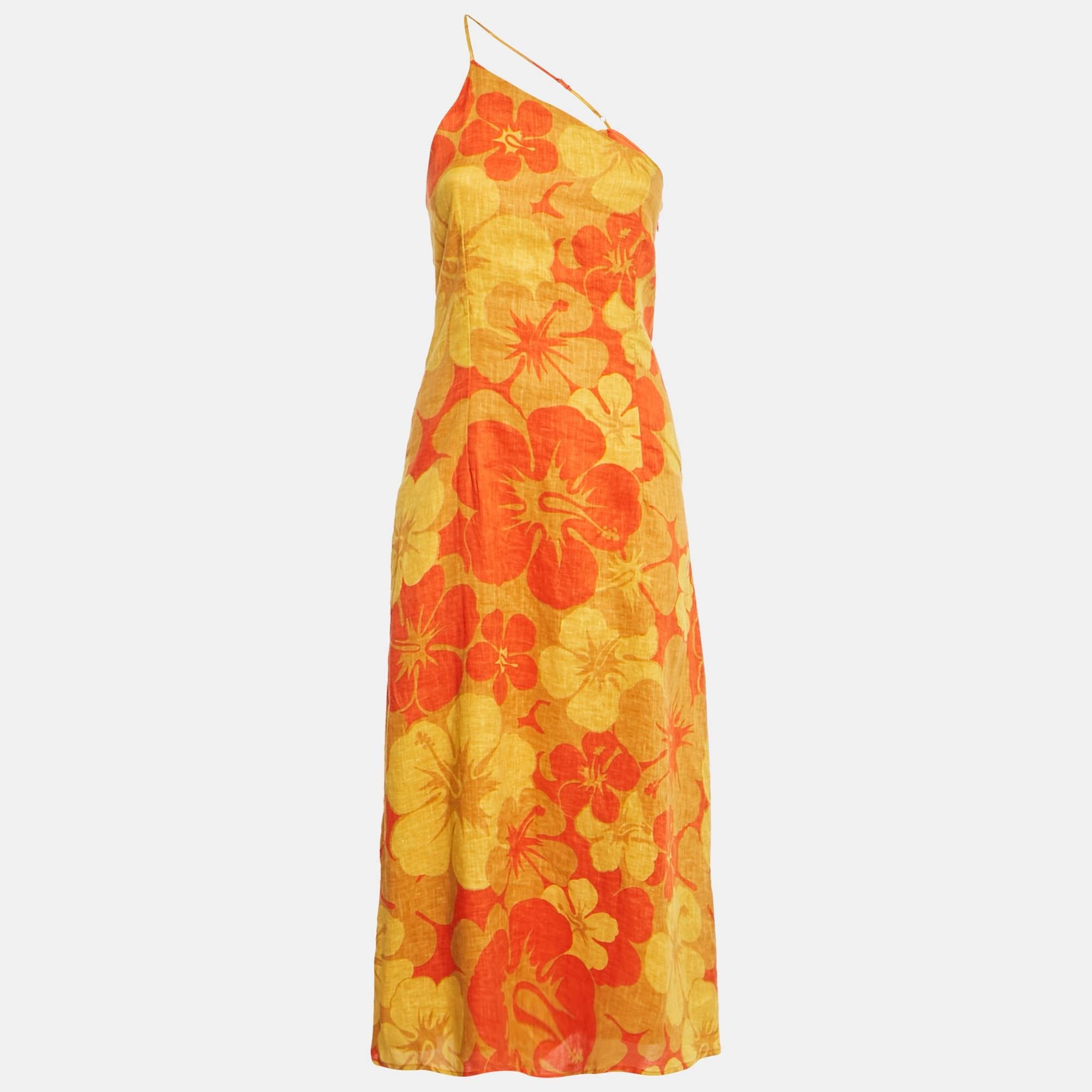 Faithfull The Brand Yellow/orange Floral Print Linen Soko Midi Dress
