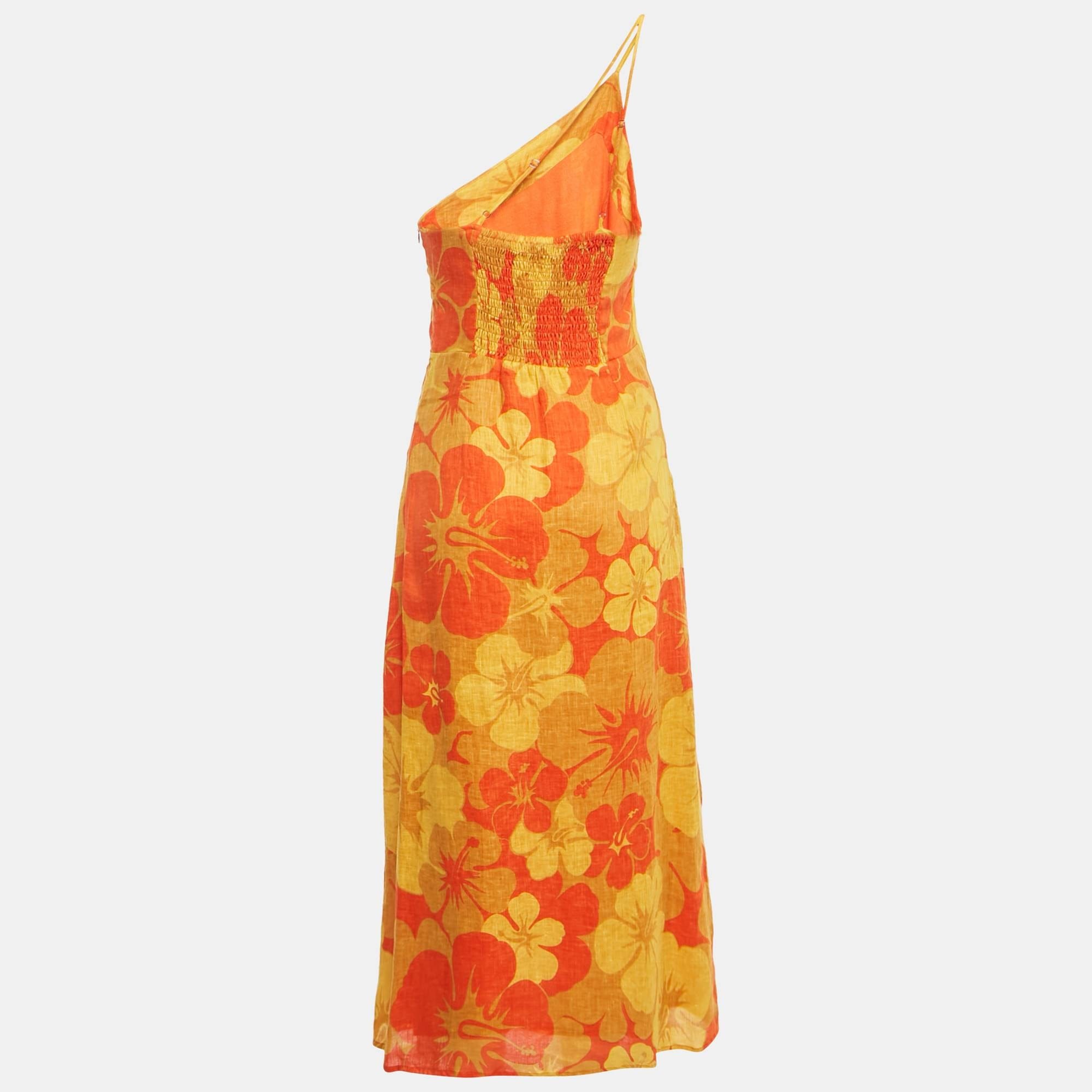 Faithfull The Brand Yellow/orange Floral Print Linen Soko Midi Dress