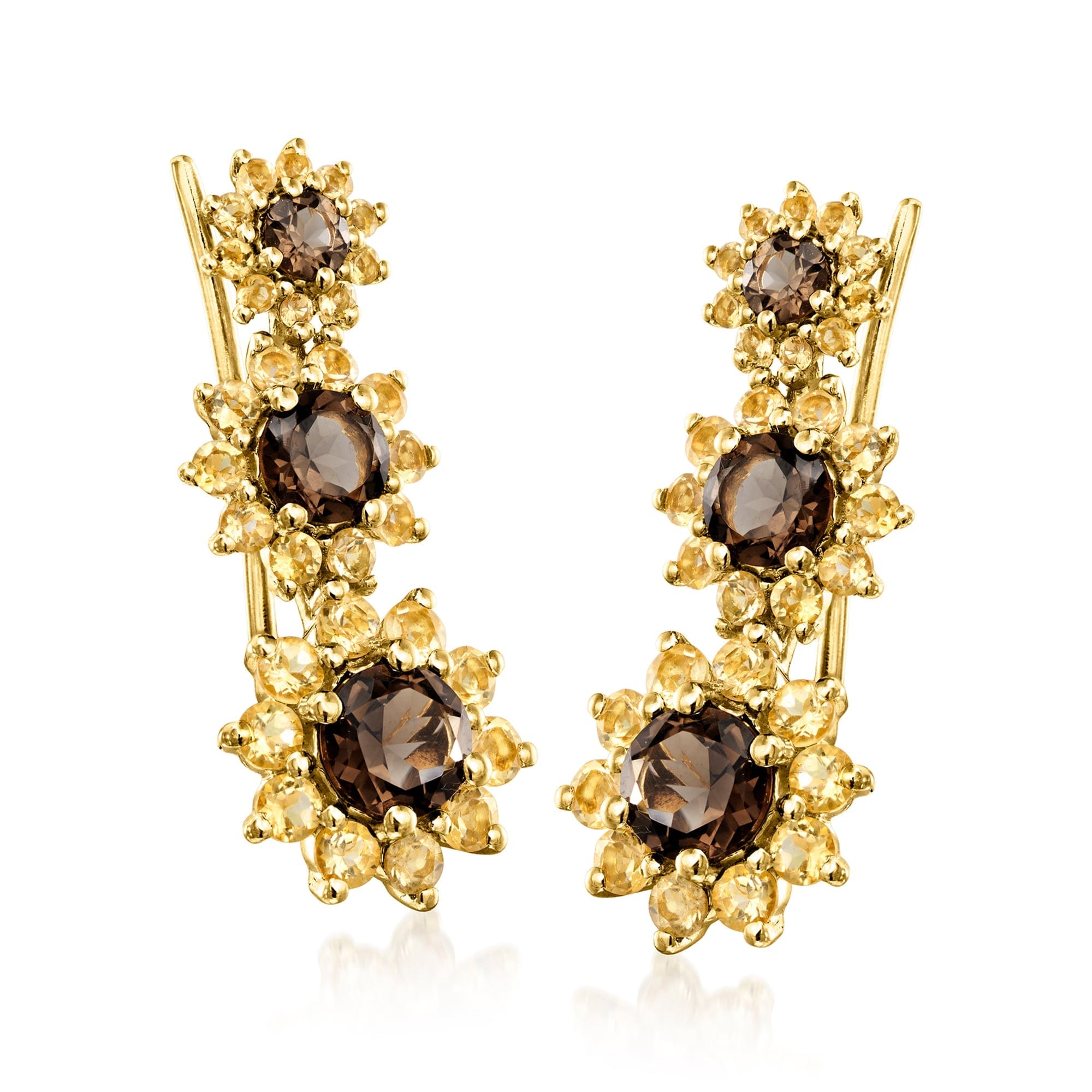 Sunflower Ross - Simons Smoky Quartz and Citrine Sunflower Ear Climbers in 18kt Gold Over Sterling