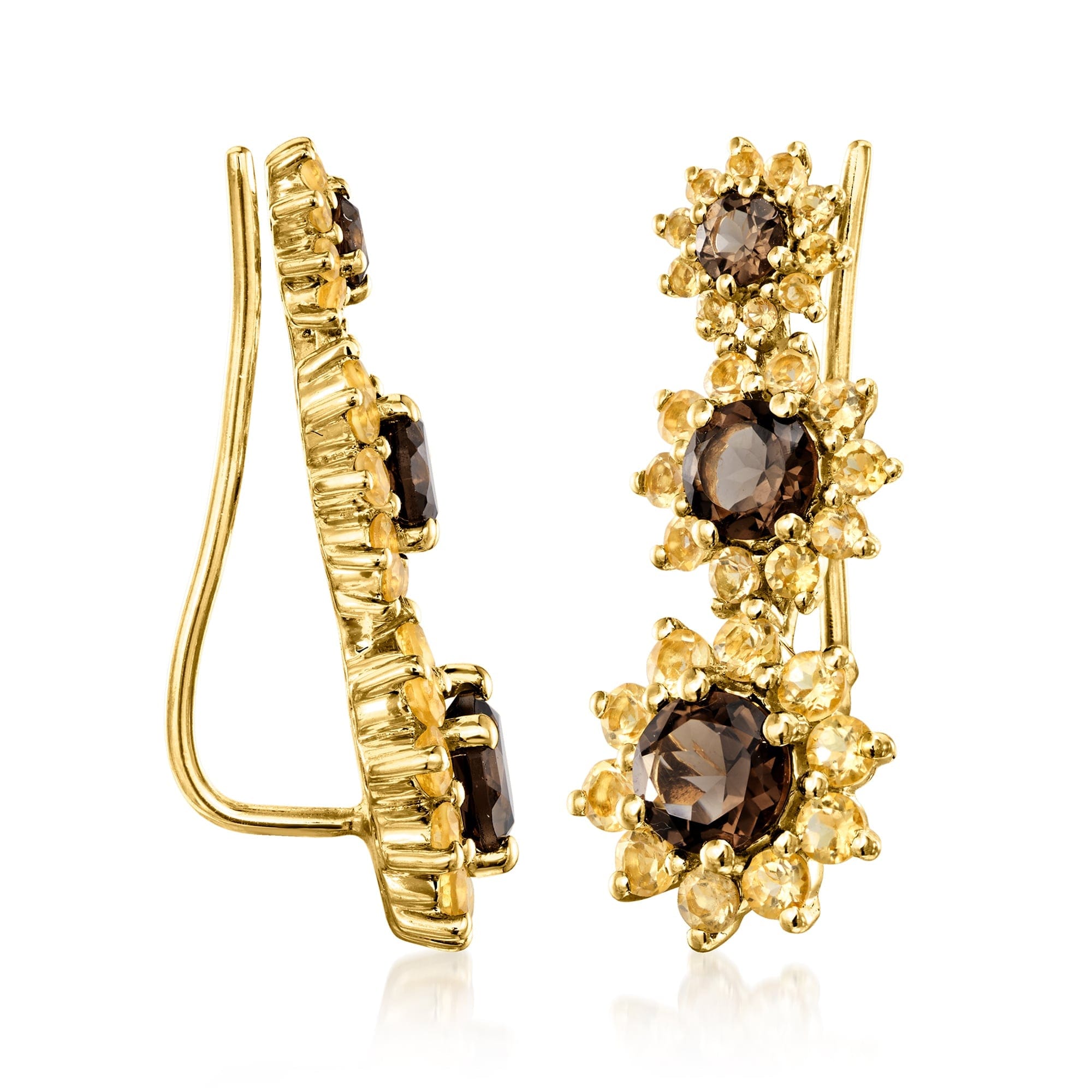 Sunflower Ross - Simons Smoky Quartz and Citrine Sunflower Ear Climbers in 18kt Gold Over Sterling