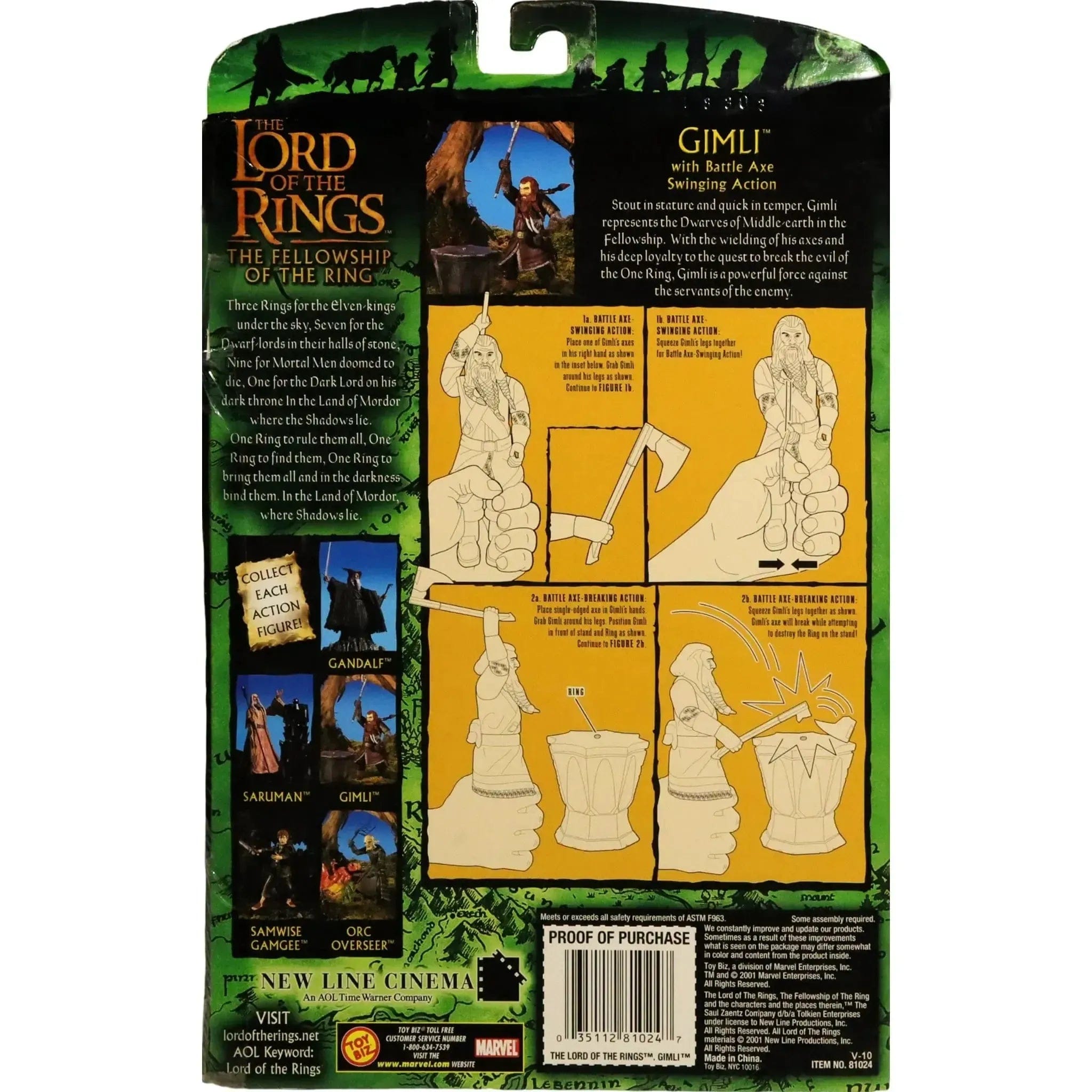 Toy Biz The Lord of the Rings: The Fellowship of the Ring - Battle Axe Swinging Gimli Action Figure - Toy Biz - (2001)