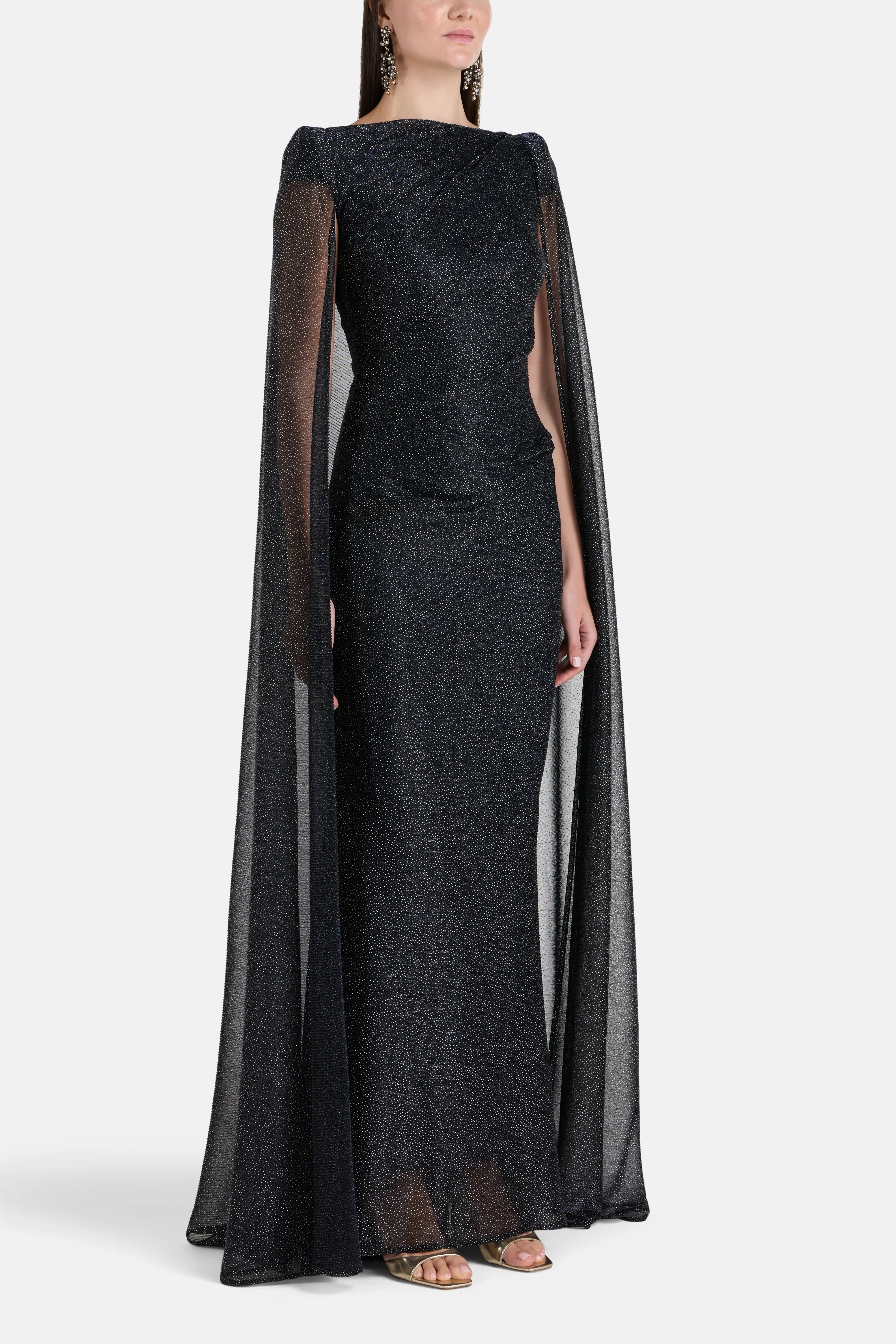 Talbot Runhof Lucy In The Sky Shimmer Voile Cape Evening Gown in Blue