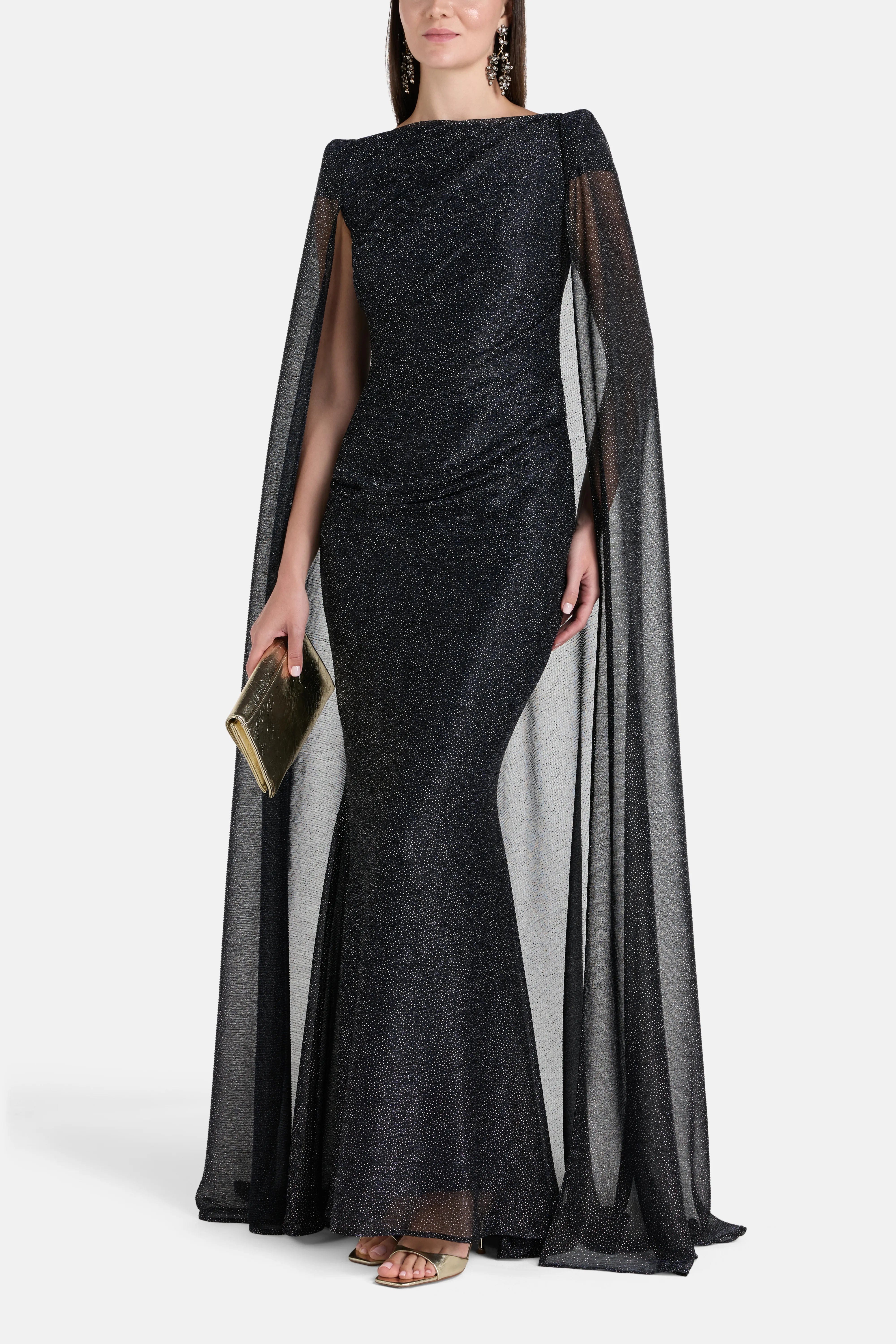 Talbot Runhof Lucy In The Sky Shimmer Voile Cape Evening Gown in Blue