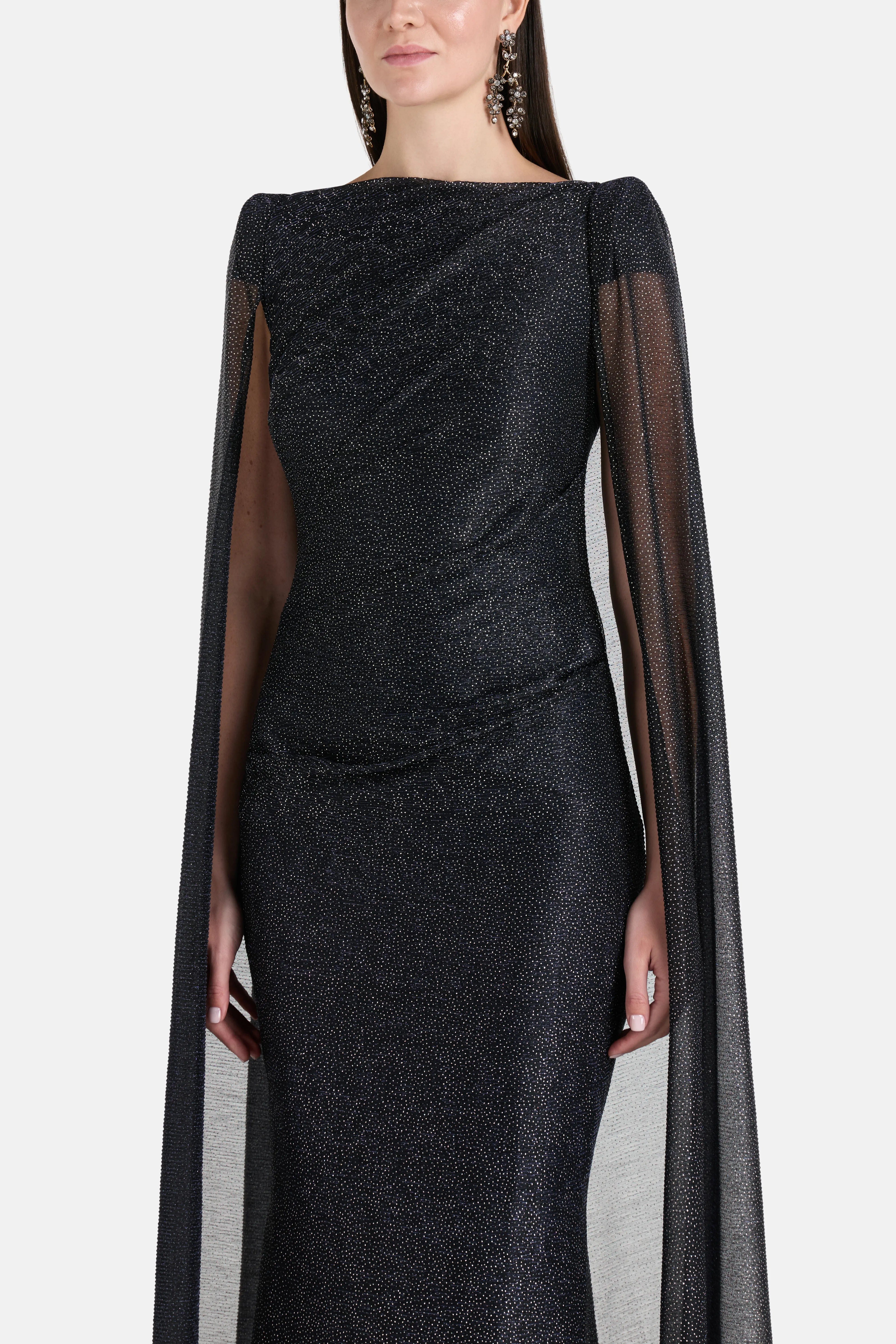 Talbot Runhof Lucy In The Sky Shimmer Voile Cape Evening Gown in Blue