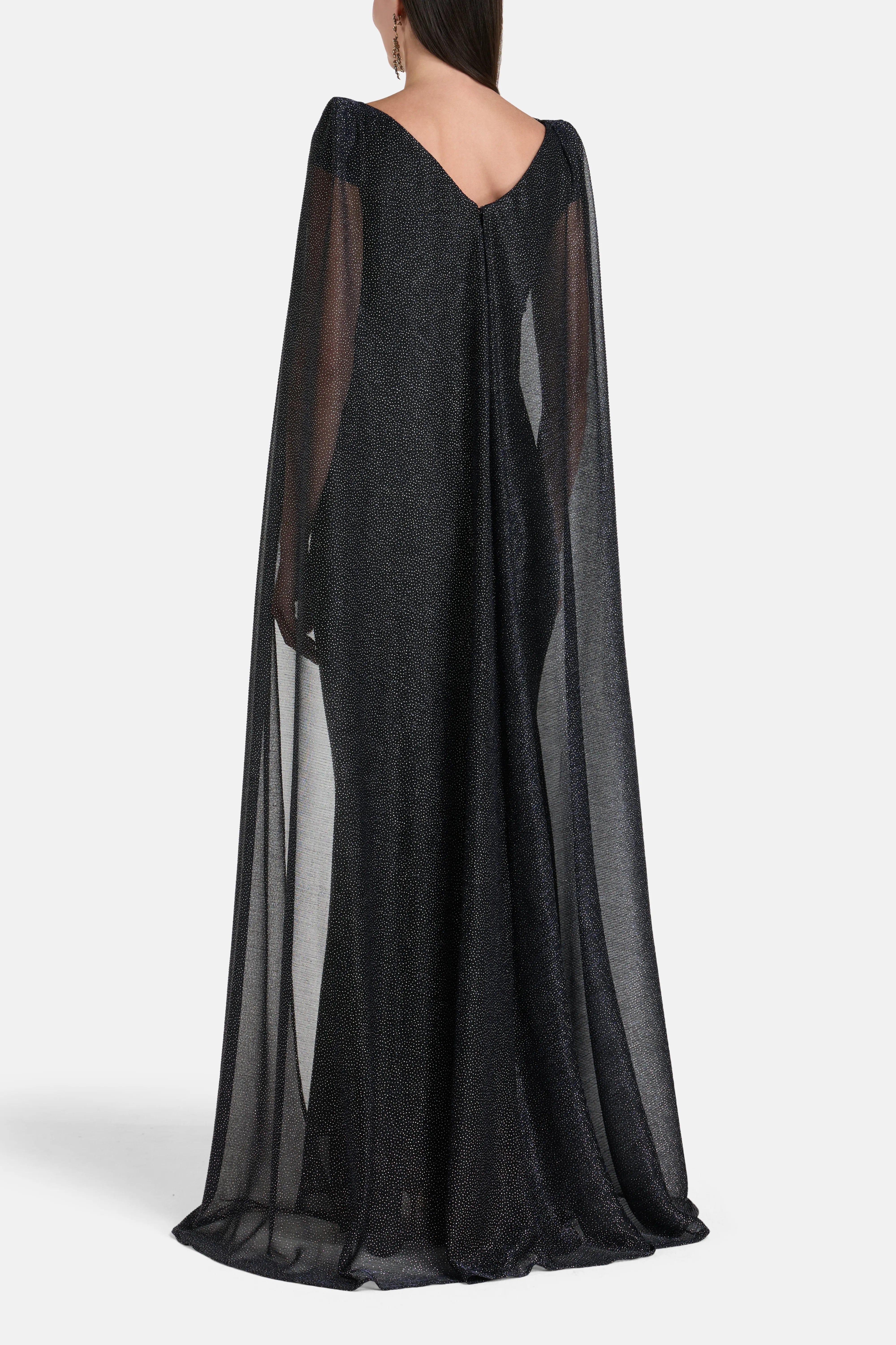 Talbot Runhof Lucy In The Sky Shimmer Voile Cape Evening Gown in Blue