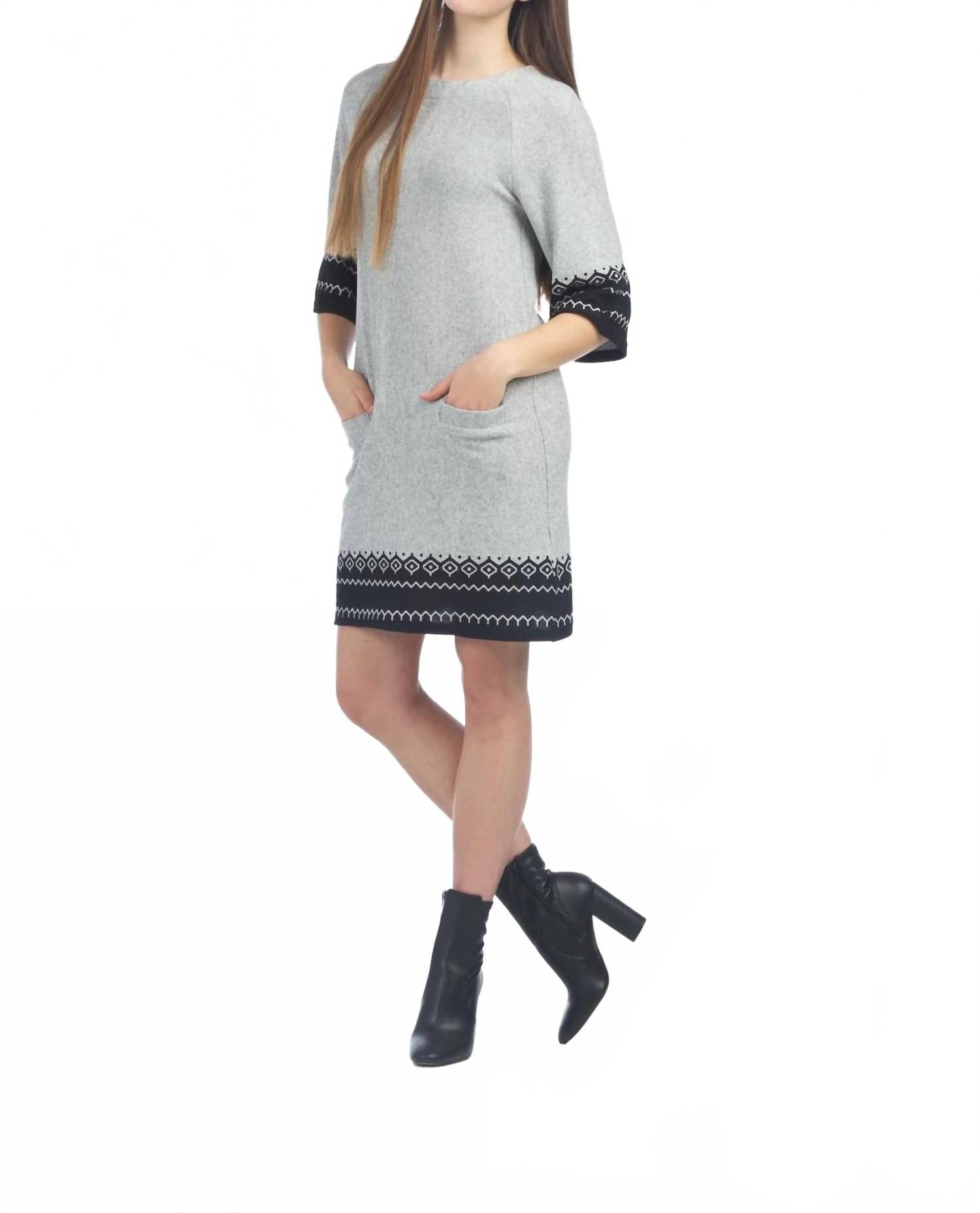 Geo Border Print Sweater Dress In Light Grey