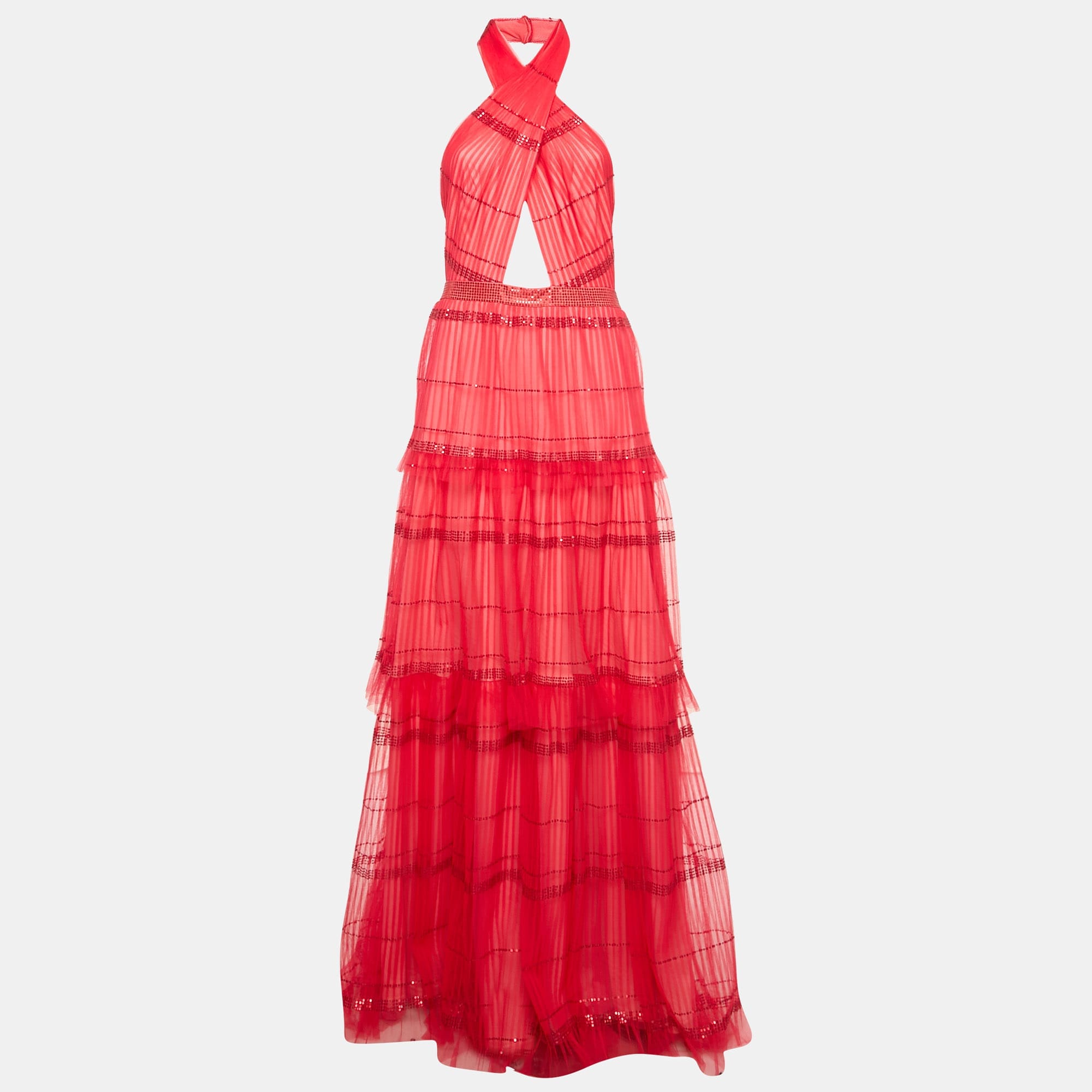 Tadashi Shoji Red Sequin Tulle Halter Neck Tiered Gown