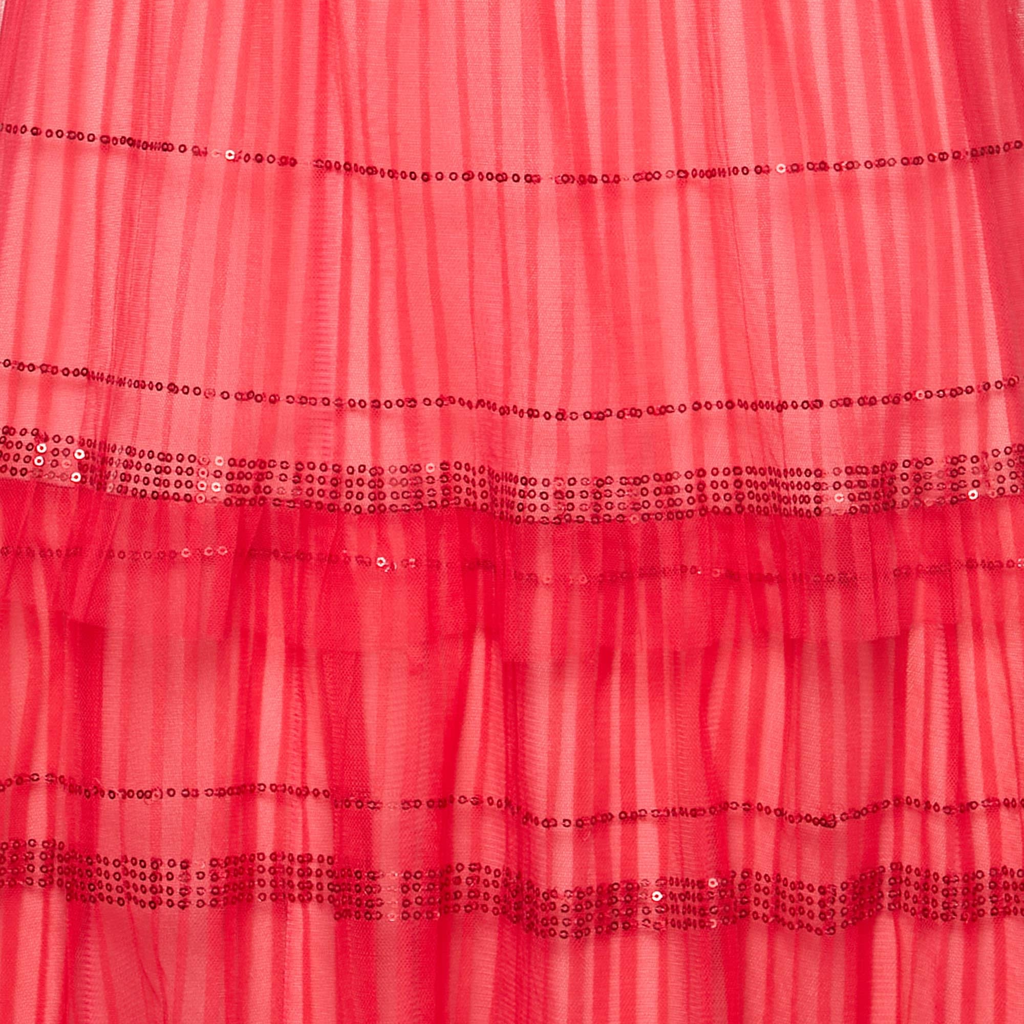 Tadashi Shoji Red Sequin Tulle Halter Neck Tiered Gown