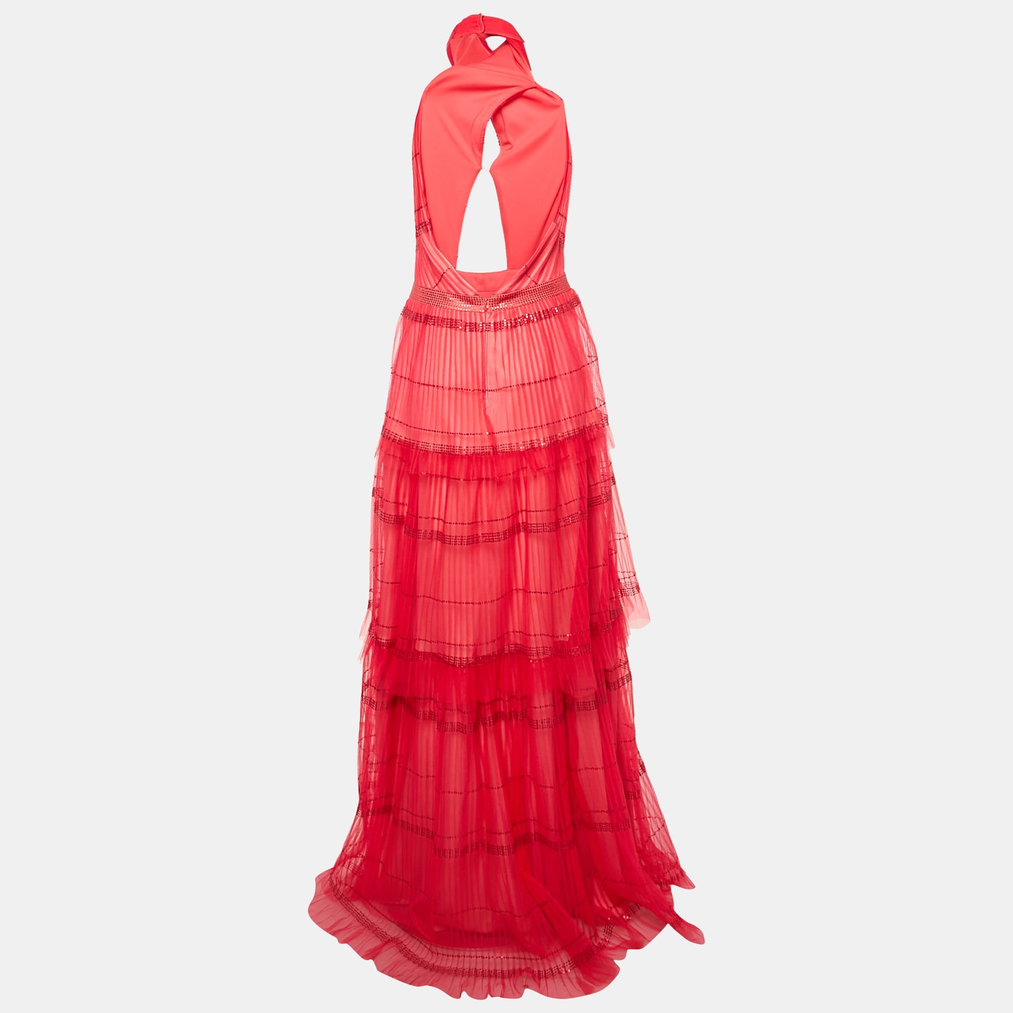 Tadashi Shoji Red Sequin Tulle Halter Neck Tiered Gown