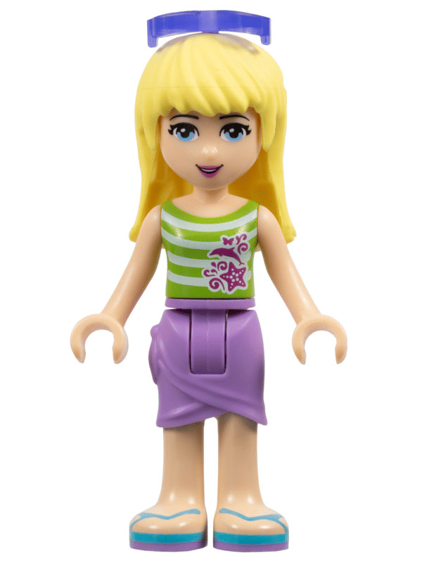 Friends Stephanie, Medium Lavender Wrap Skirt, Green Top with White Stripes, Sunglasses
