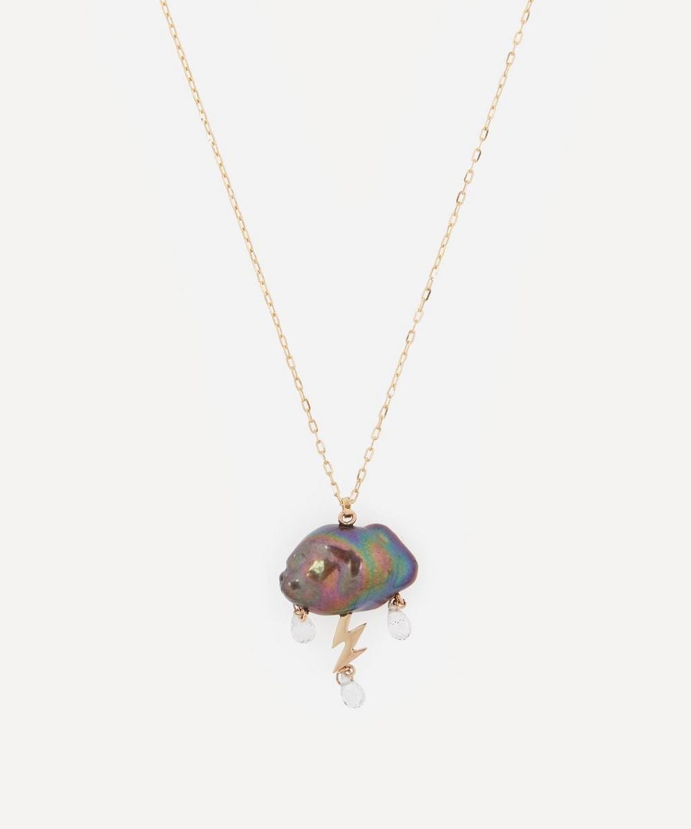 Rachel Quinn 14ct Gold Petite Storm Cloud Peacock Pearl and White Topaz Pendant Necklace