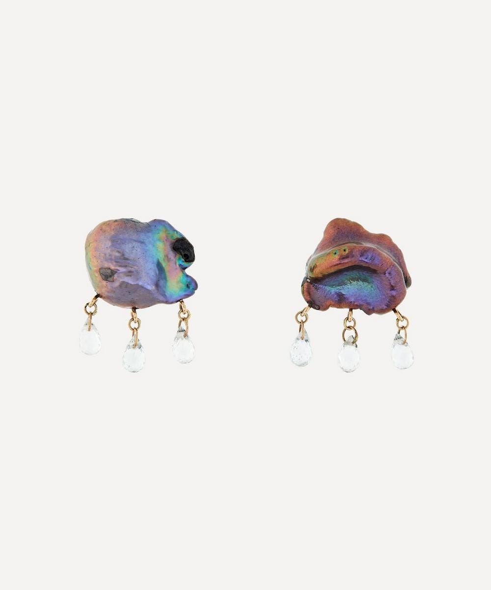 Rachel Quinn 14ct Gold Rainy Day Peacock Pearl and White Topaz Cloud Stud Earrings