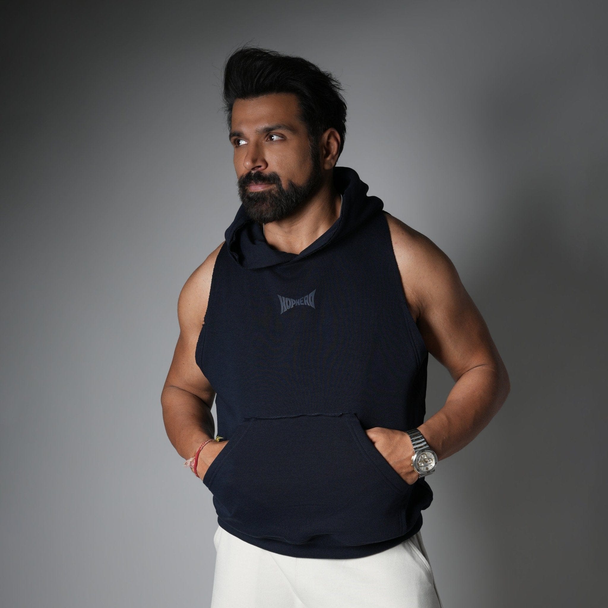 Blue NAVY BLUE RAW EDGE SLEEVELESS HOODIE
