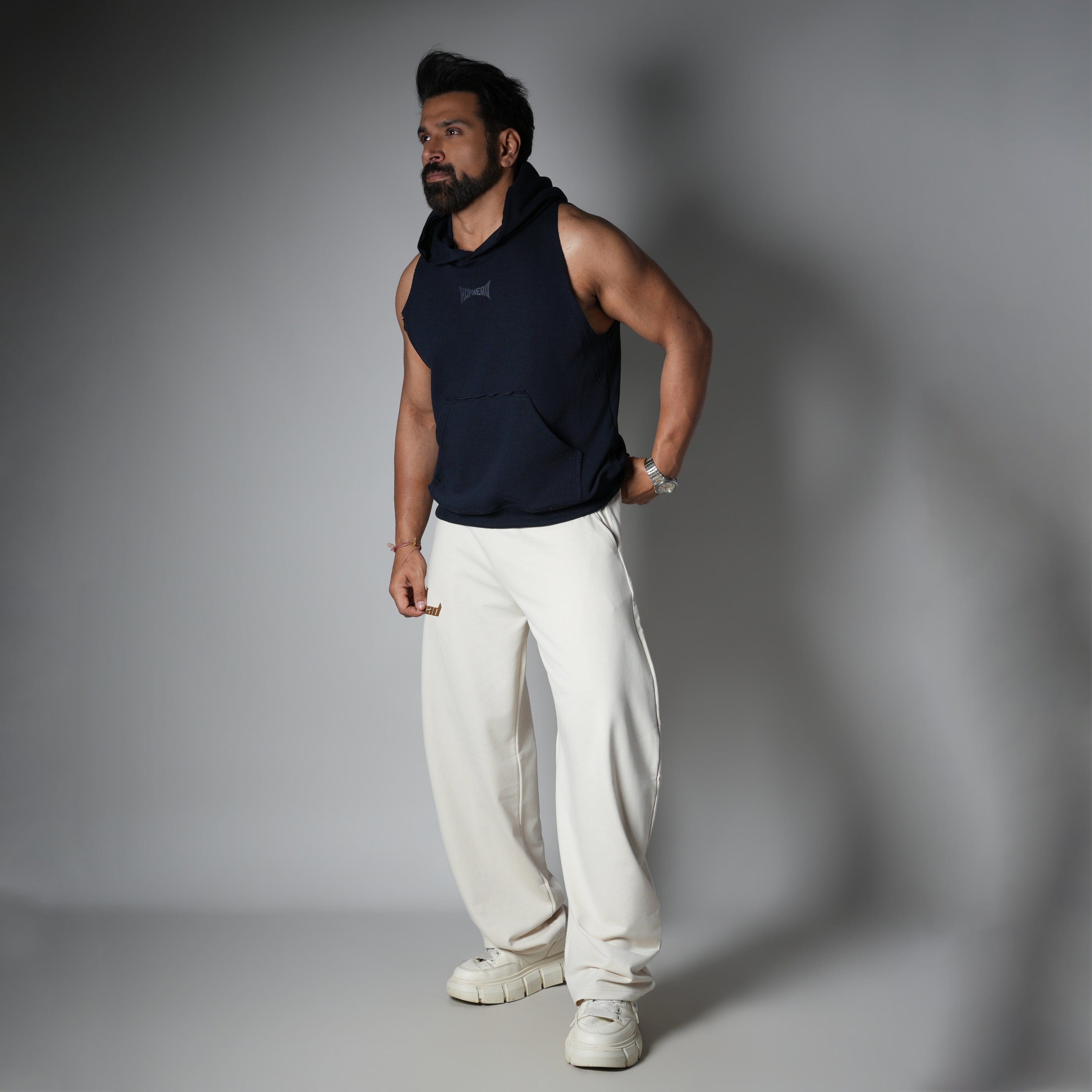 Blue NAVY BLUE RAW EDGE SLEEVELESS HOODIE